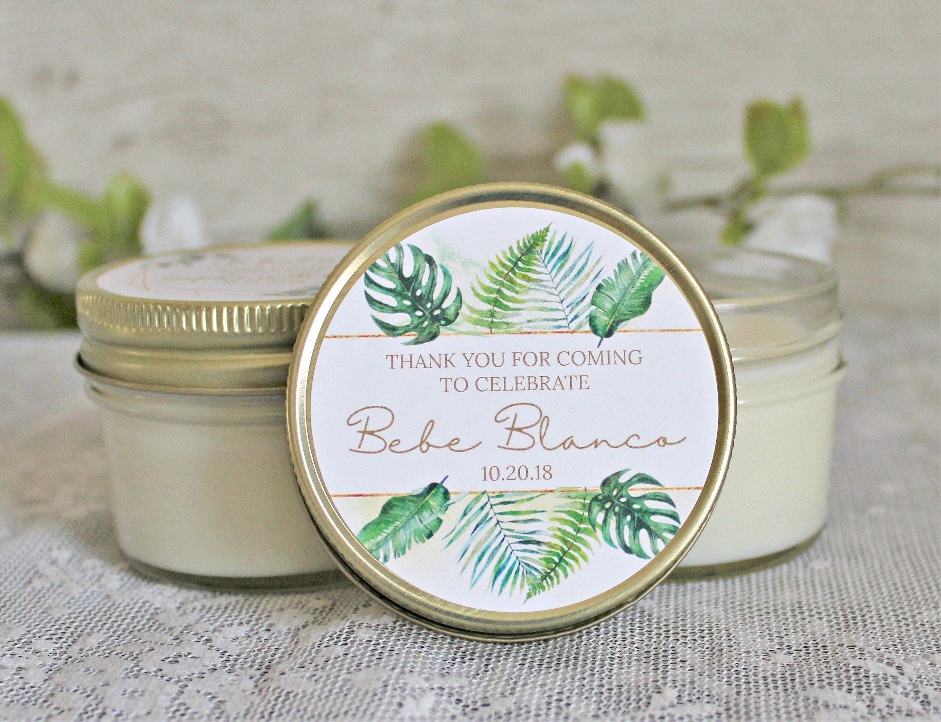 Tropical Baby Shower Favor / 4 oz Soy Candle or Sugar Scrub / Safari Baby Shower / Girl Baby Shower / Boy Baby Shower / Gender Neutral Baby