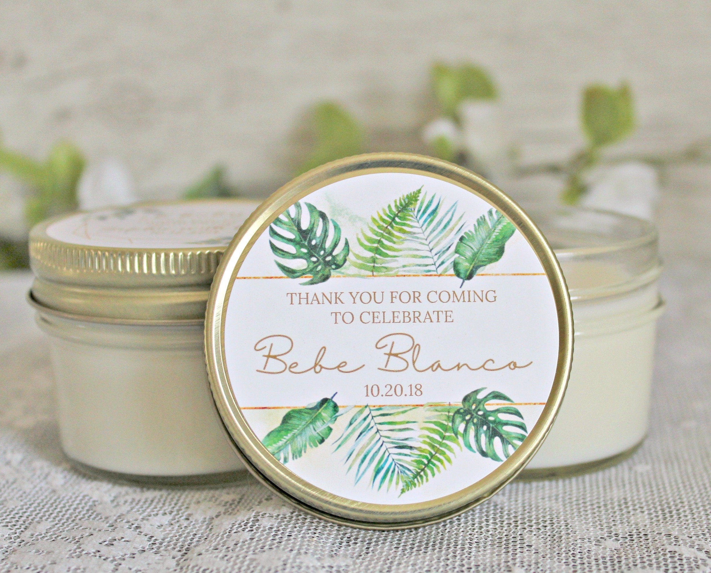 Tropical Baby Shower Favor / 4 oz Soy Candle or Sugar Scrub / Safari Baby Shower / Girl Baby Shower / Boy Baby Shower / Gender Neutral Baby