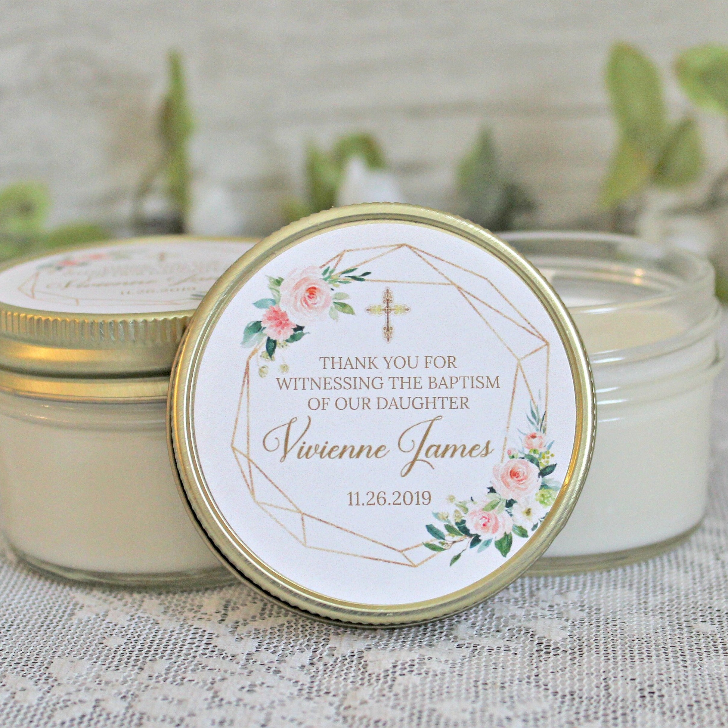 Blush, Gold & Greenery Baptism Favors / 4 oz - Soy Candle Favors / Girl Baptism / Communion Favor / Baby Baptism Favor