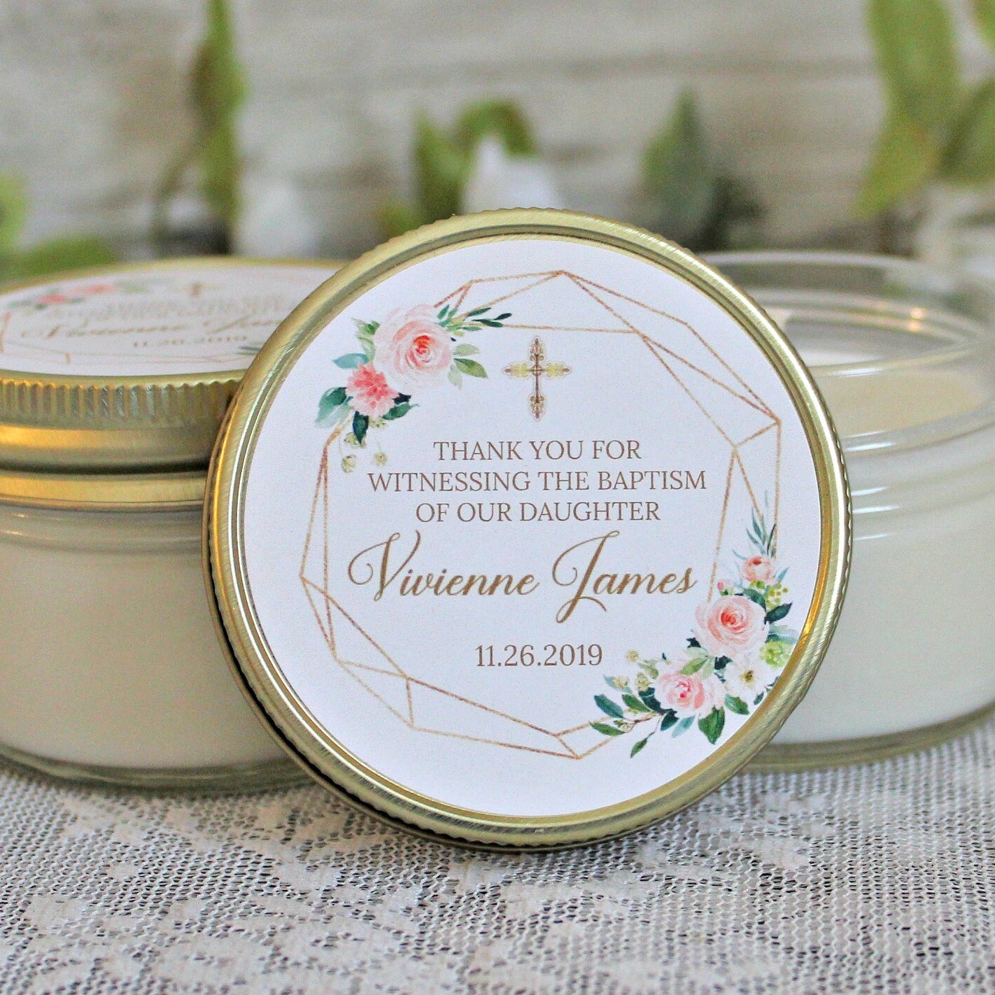 Blush, Gold & Greenery Baptism Favors / 4 oz - Soy Candle Favors / Girl Baptism / Communion Favor / Baby Baptism Favor