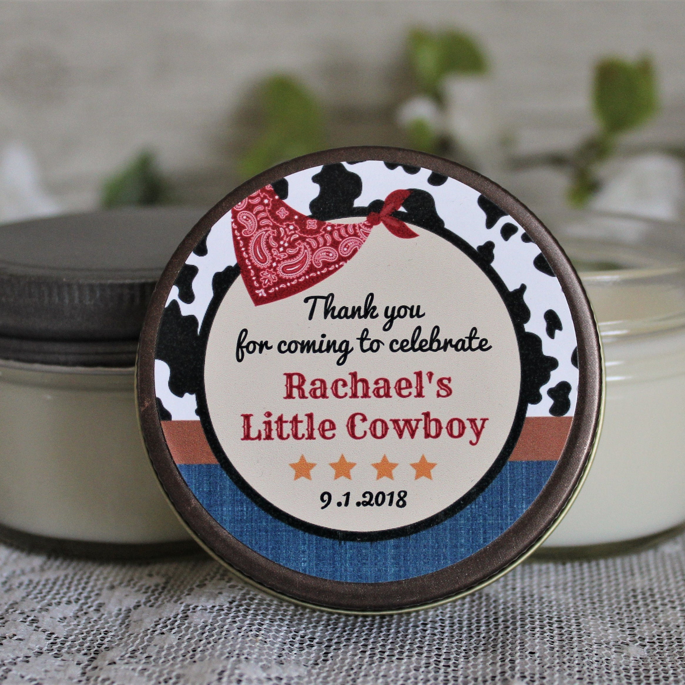 Cowboy Baby Shower Favor / Personalzied 4 oz candle Favors / Boy Baby Shower / Cowgirl Favor / Cowboy Birthday Favor / Western Baby Shower