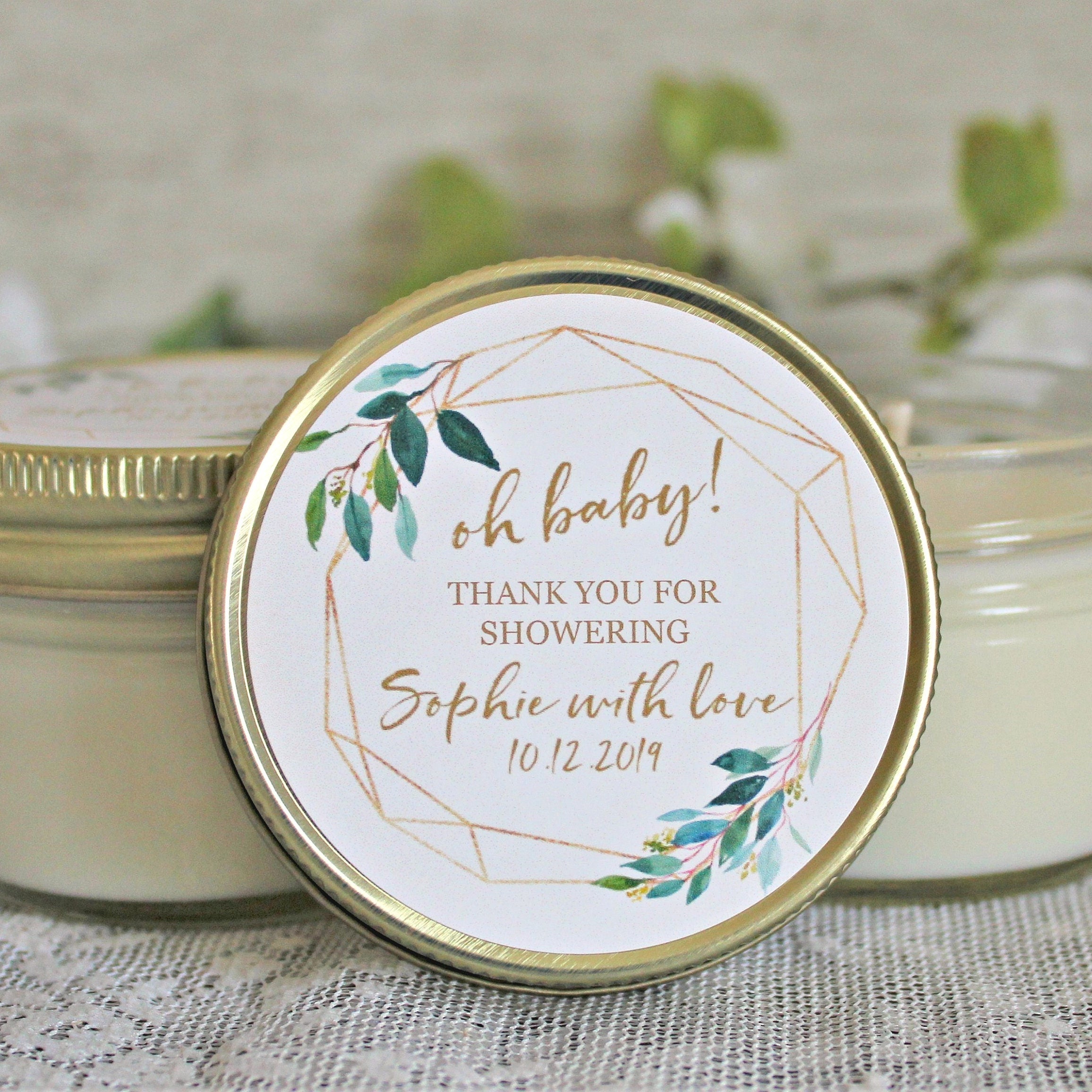 Gold & Greenery Baby Shower Favors / 4 oz Soy Candle or Sugar Scrub / Oh Baby Shower / Gender Neutral Baby Shower / Modern Baby Shower