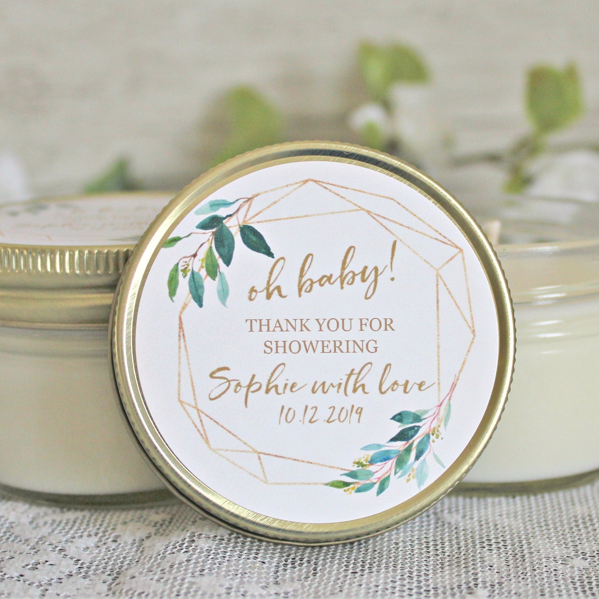 Gold & Greenery Baby Shower Favors / 4 oz Soy Candle or Sugar Scrub / Oh Baby Shower / Gender Neutral Baby Shower / Modern Baby Shower