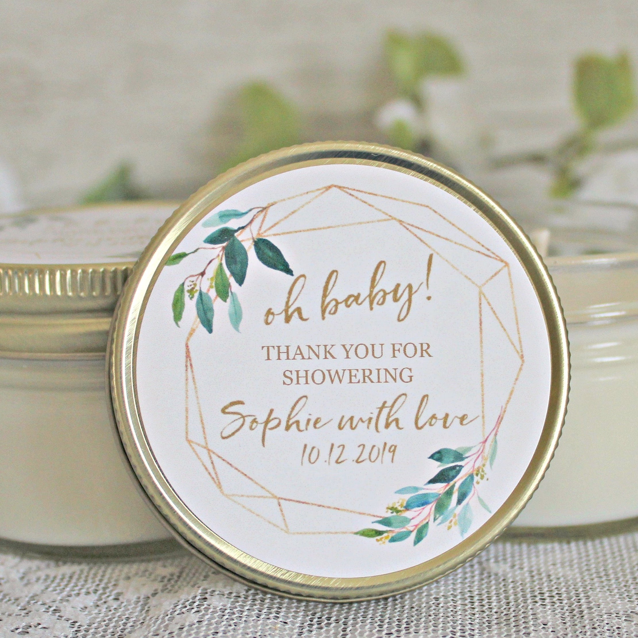 Gold & Greenery Baby Shower Favors / 4 oz Soy Candle or Sugar Scrub / Oh Baby Shower / Gender Neutral Baby Shower / Modern Baby Shower