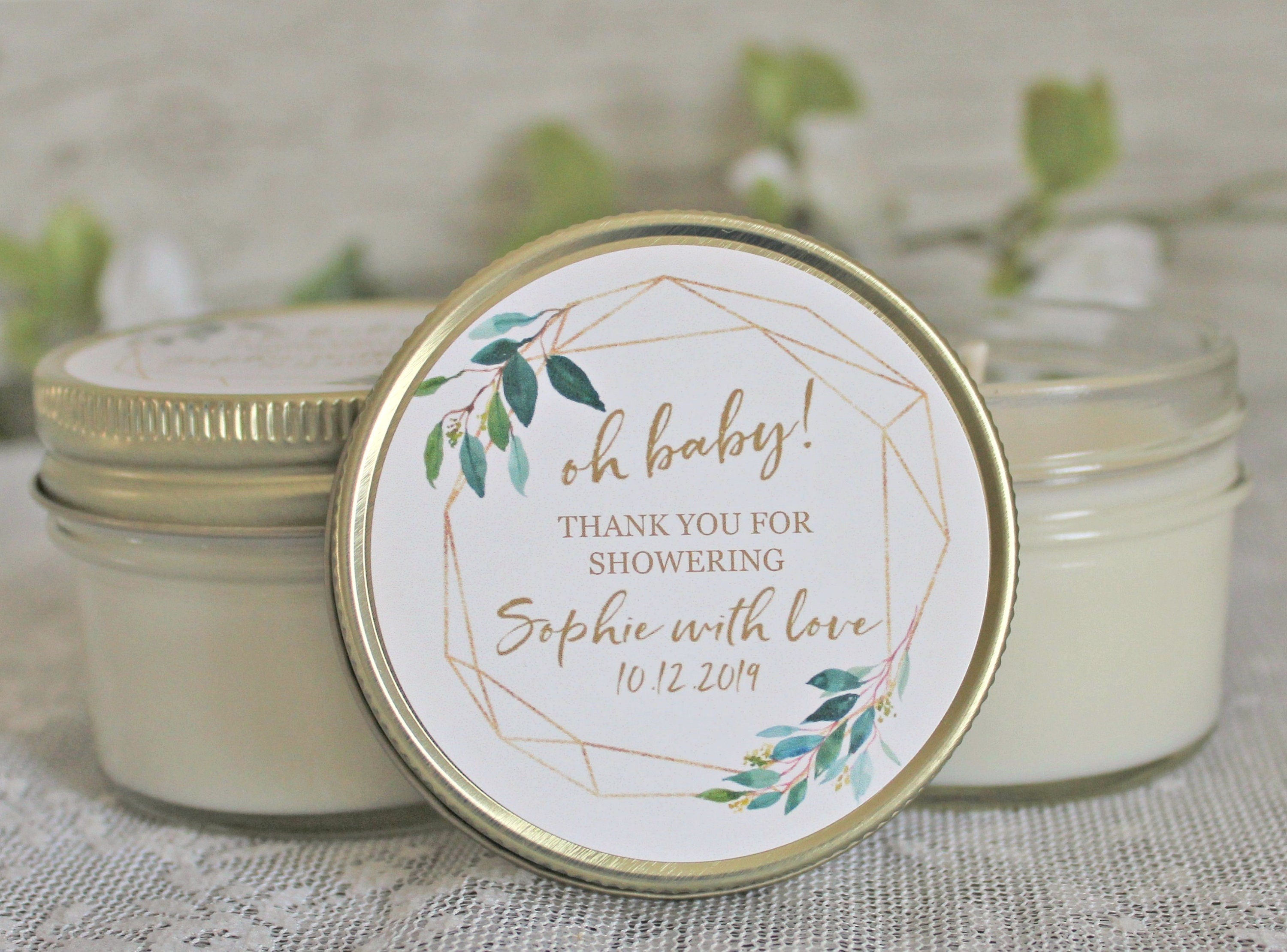 Gold & Greenery Baby Shower Favors / 4 oz Soy Candle or Sugar Scrub / Oh Baby Shower / Gender Neutral Baby Shower / Modern Baby Shower