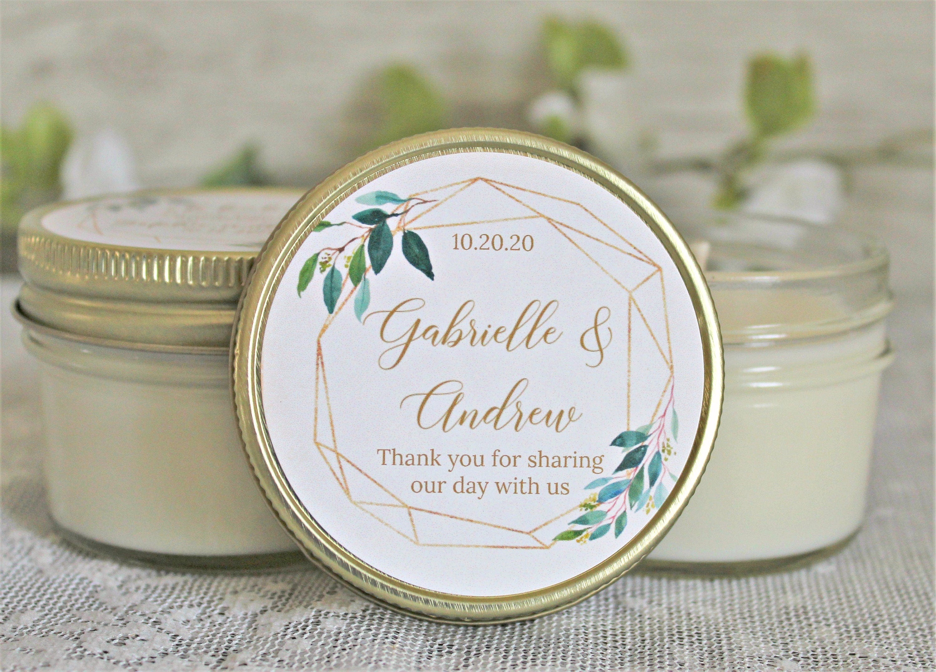 Wedding Favors Candles / Greenery & Gold Wedding Favor / Personalized 4 oz. Candle Favors / Personalized Favors / Elegant Wedding Favors