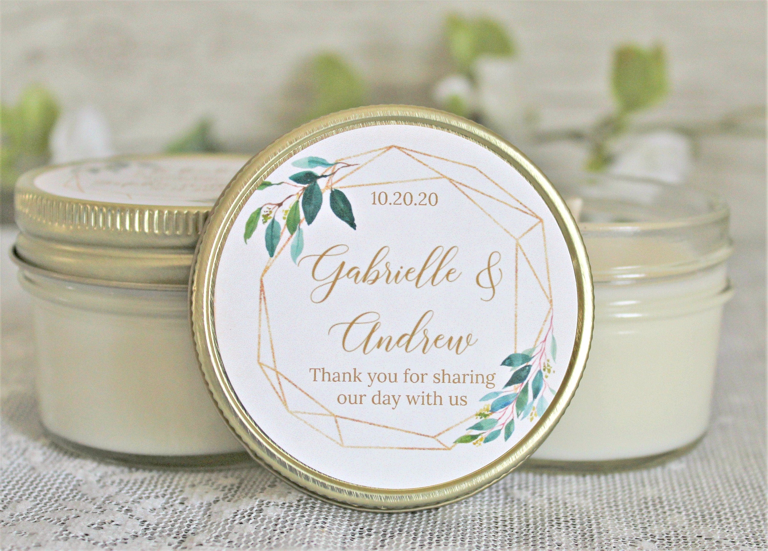 Wedding Favors Candles / Greenery & Gold Wedding Favor / Personalized 4 oz. Candle Favors / Personalized Favors / Elegant Wedding Favors
