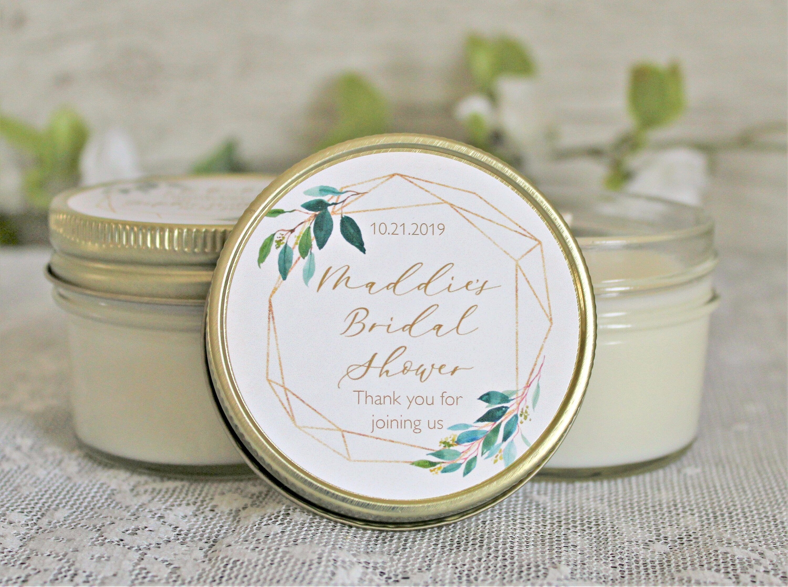 Greenery & Gold Bridal Shower Favor Candles / Personalized 4 oz. Soy Candle Favors / Personalized Favors / Elegant Bridal Shower Favors