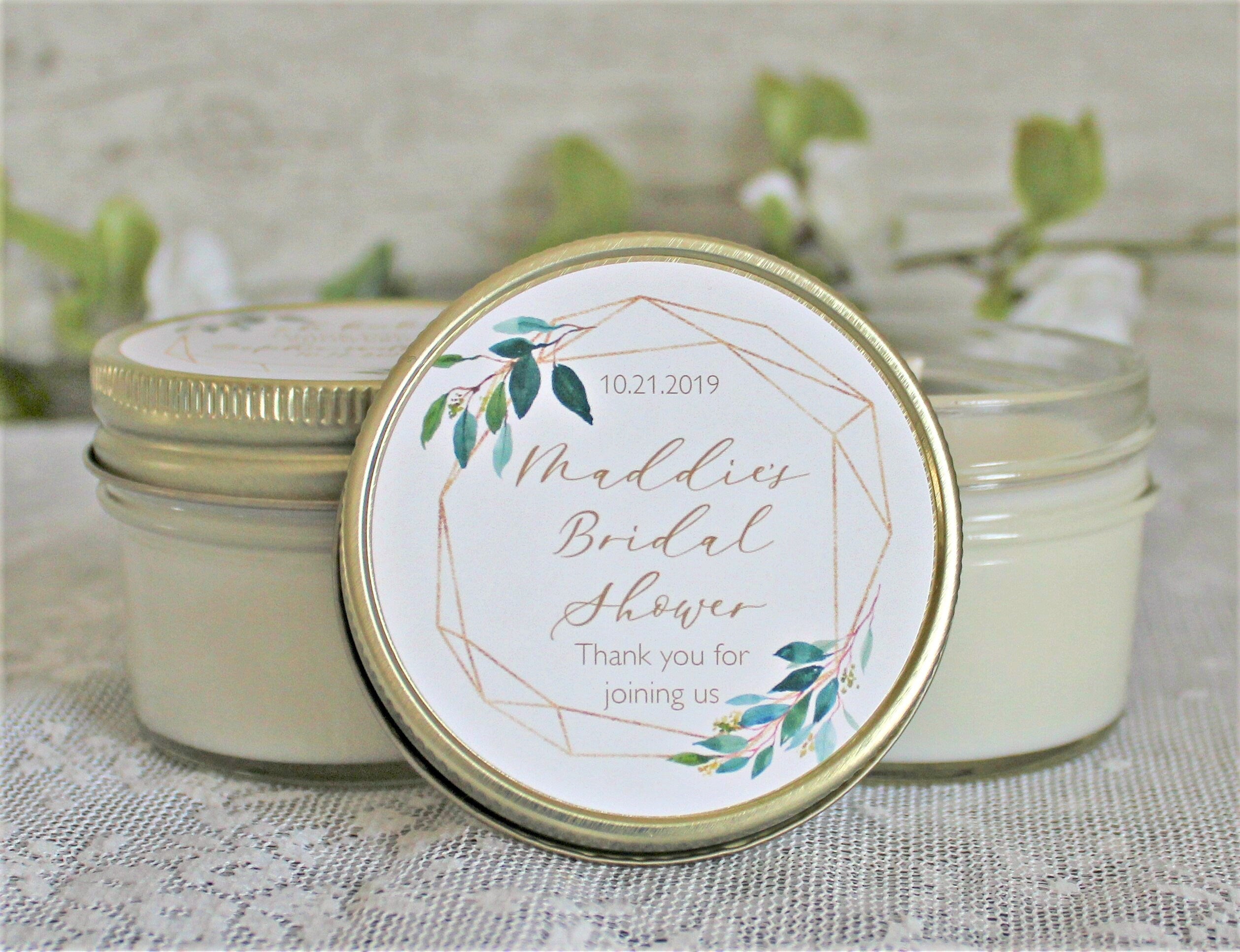 Greenery & Gold Bridal Shower Favor Candles / Personalized 4 oz. Soy Candle Favors / Personalized Favors / Elegant Bridal Shower Favors