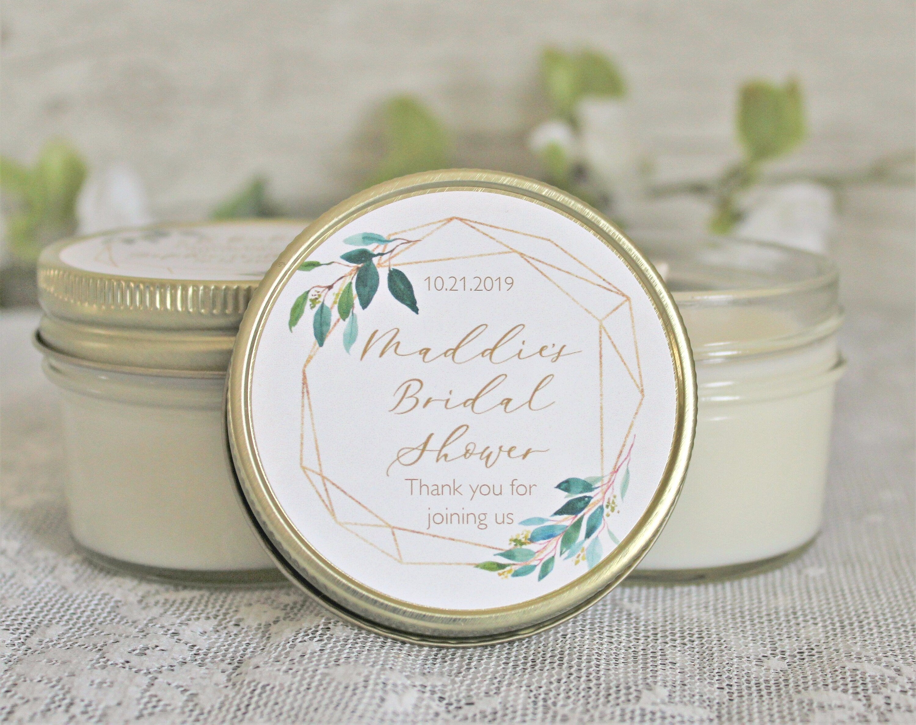 Greenery & Gold Bridal Shower Favor Candles / Personalized 4 oz. Soy Candle Favors / Personalized Favors / Elegant Bridal Shower Favors