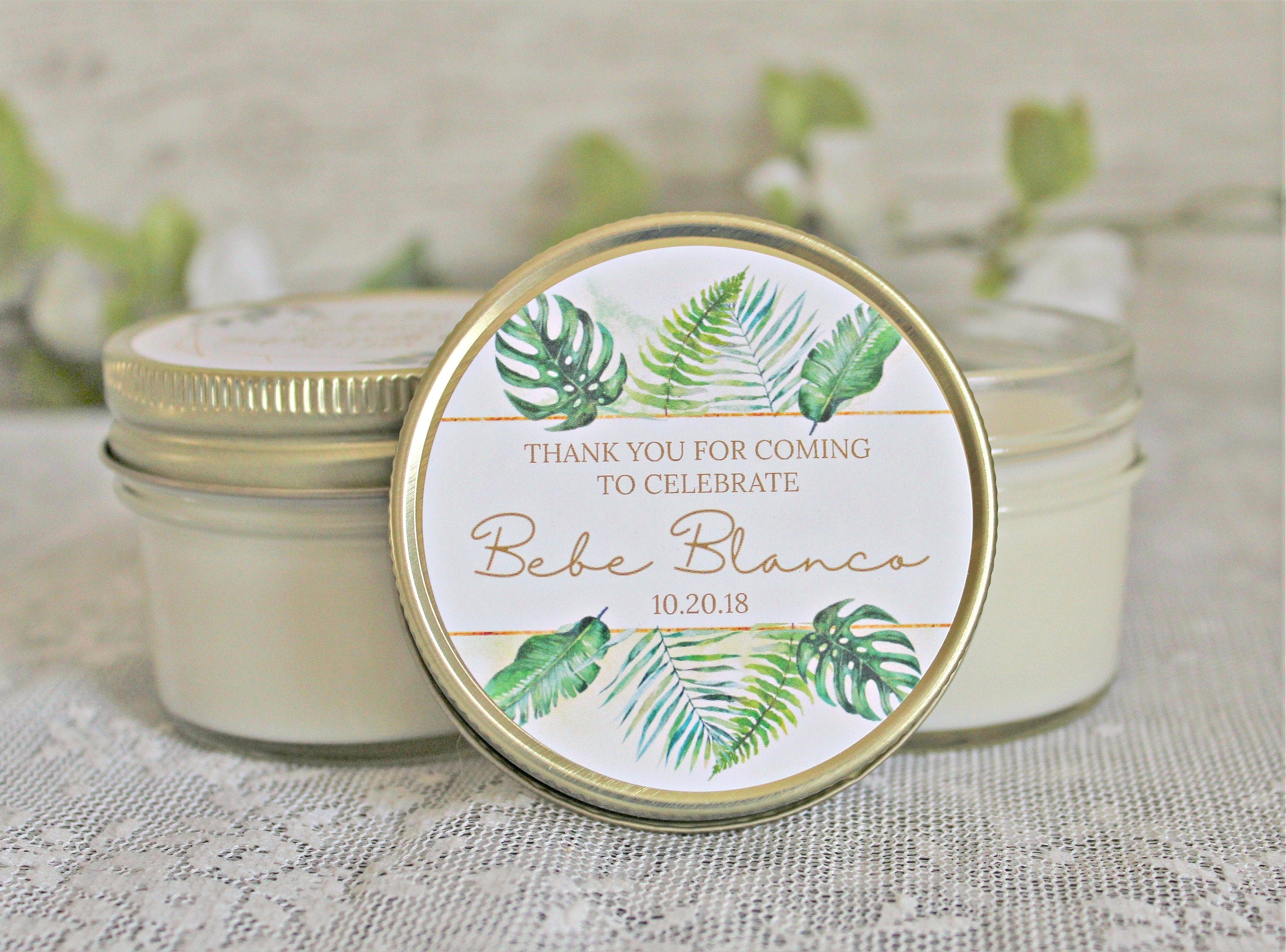 Tropical Baby Shower Favor / 4 oz Soy Candle or Sugar Scrub / Safari Baby Shower / Girl Baby Shower / Boy Baby Shower / Gender Neutral Baby
