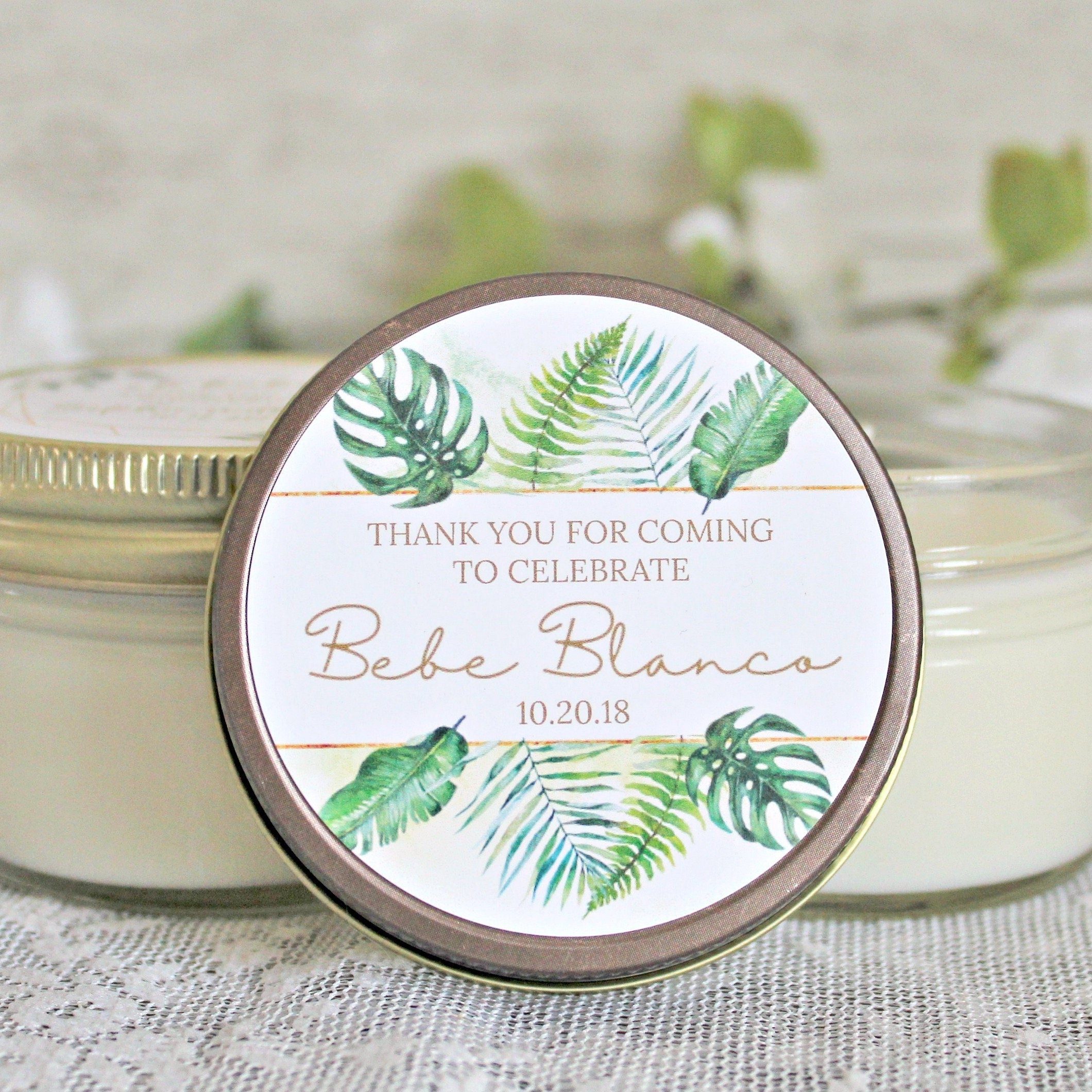 Tropical Baby Shower Favor / 4 oz Soy Candle or Sugar Scrub / Safari Baby Shower / Girl Baby Shower / Boy Baby Shower / Gender Neutral Baby