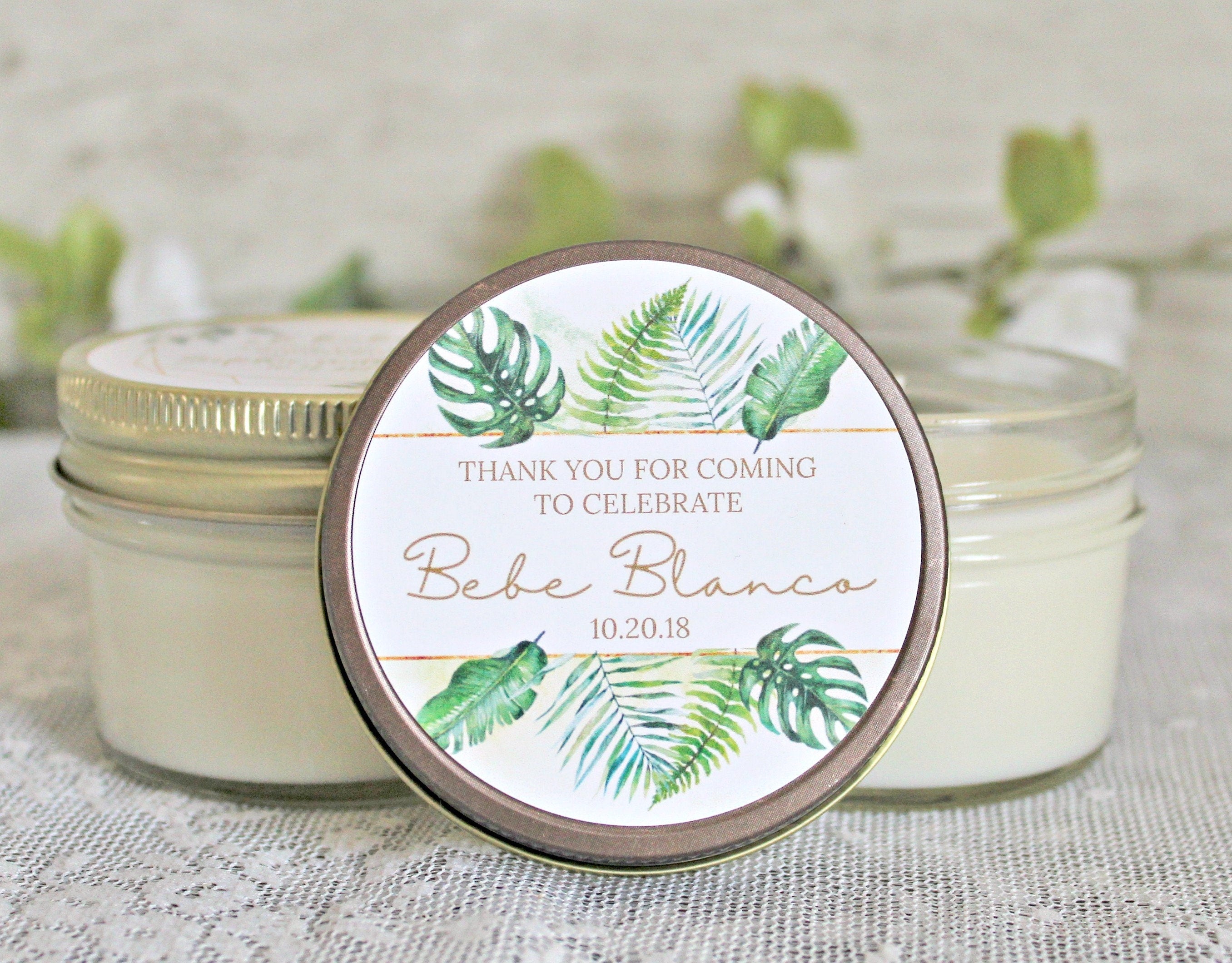 Tropical Baby Shower Favor / 4 oz Soy Candle or Sugar Scrub / Safari Baby Shower / Girl Baby Shower / Boy Baby Shower / Gender Neutral Baby