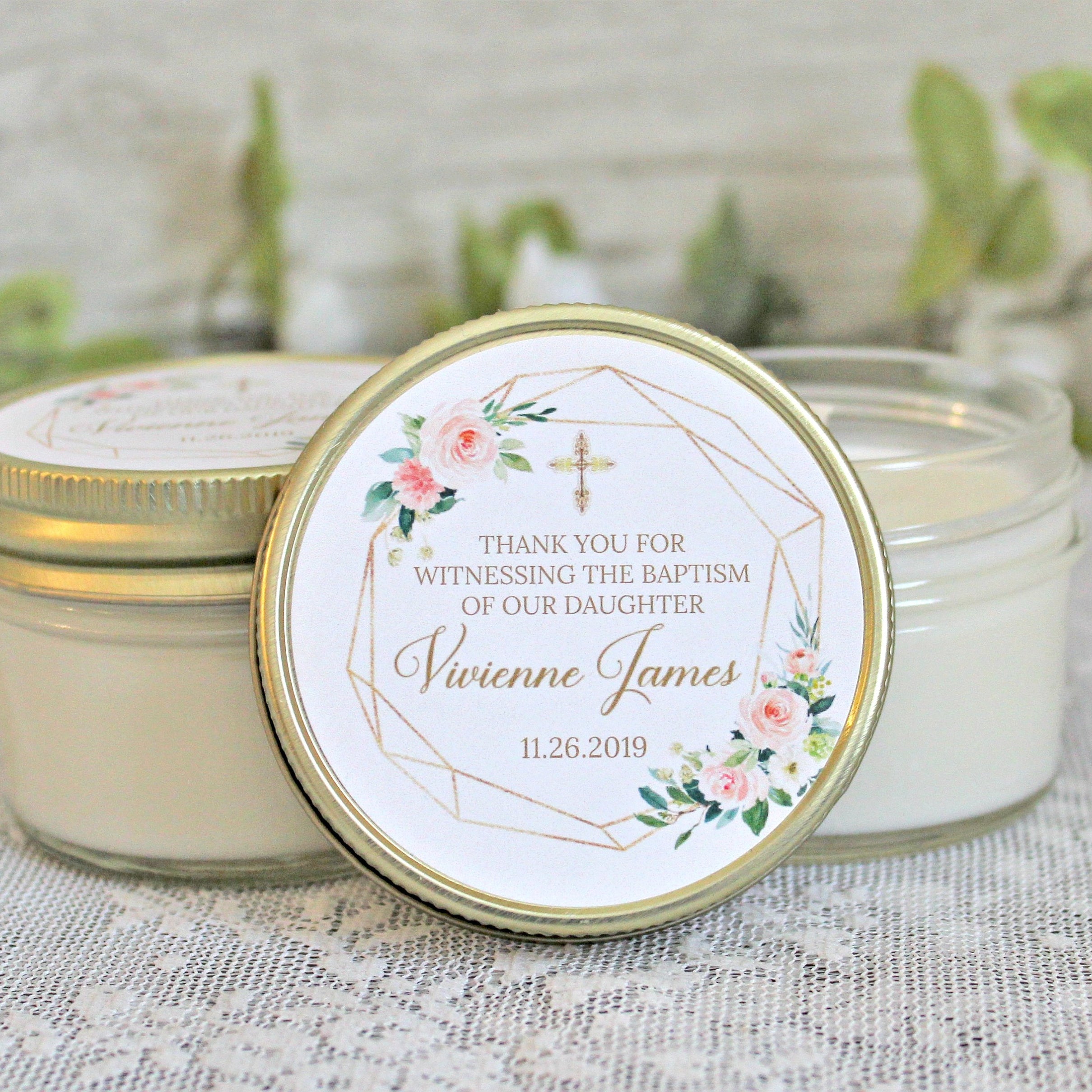 Blush, Gold & Greenery Baptism Favors / 4 oz - Soy Candle Favors / Girl Baptism / Communion Favor / Baby Baptism Favor