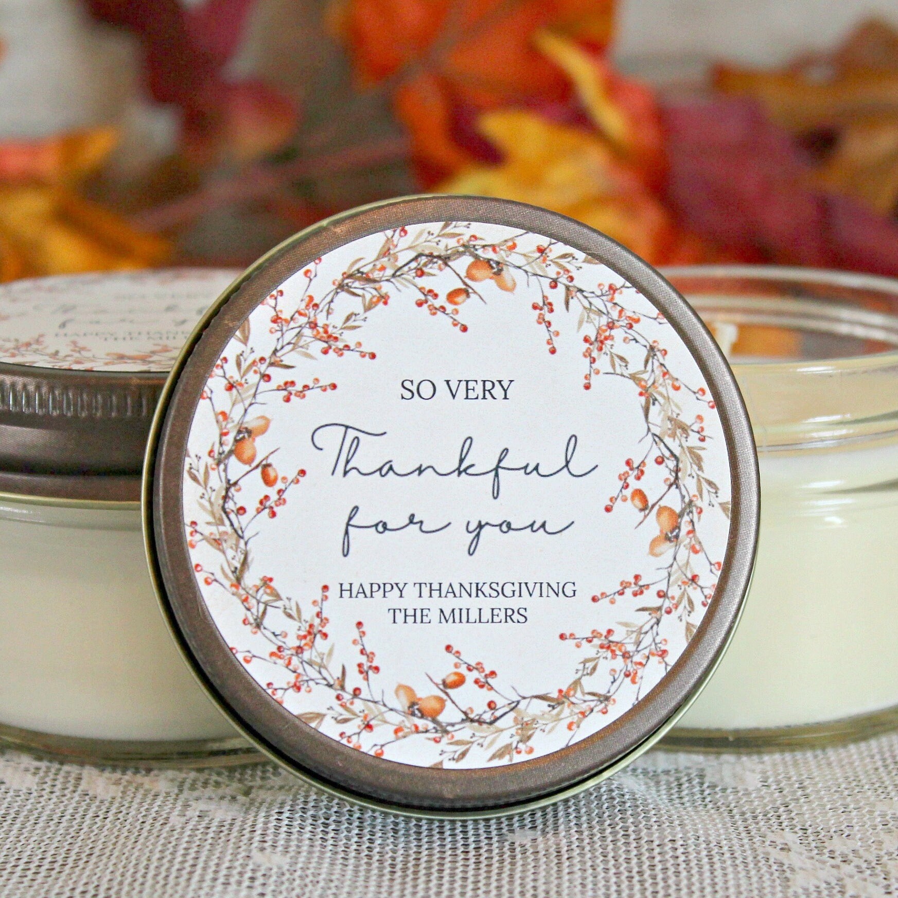 Thanksgiving Candle Favor / So very Thankful for you / Thanksgiving Table / Fall Candle / Hostess Gift / 4 oz. Candle Favors