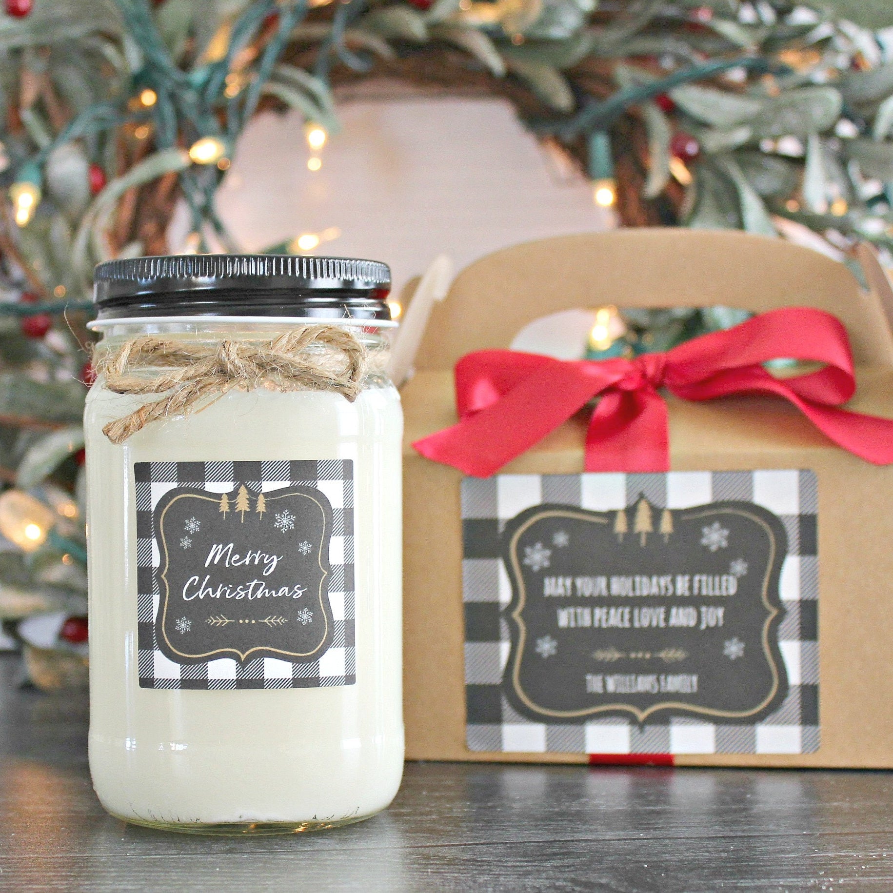 Buffalo Plaid Christmas Candle / Christmas Decor / Soy Candle / Holiday Gift / Personalized Christmas Gift / Gift for Her / Gift For Him