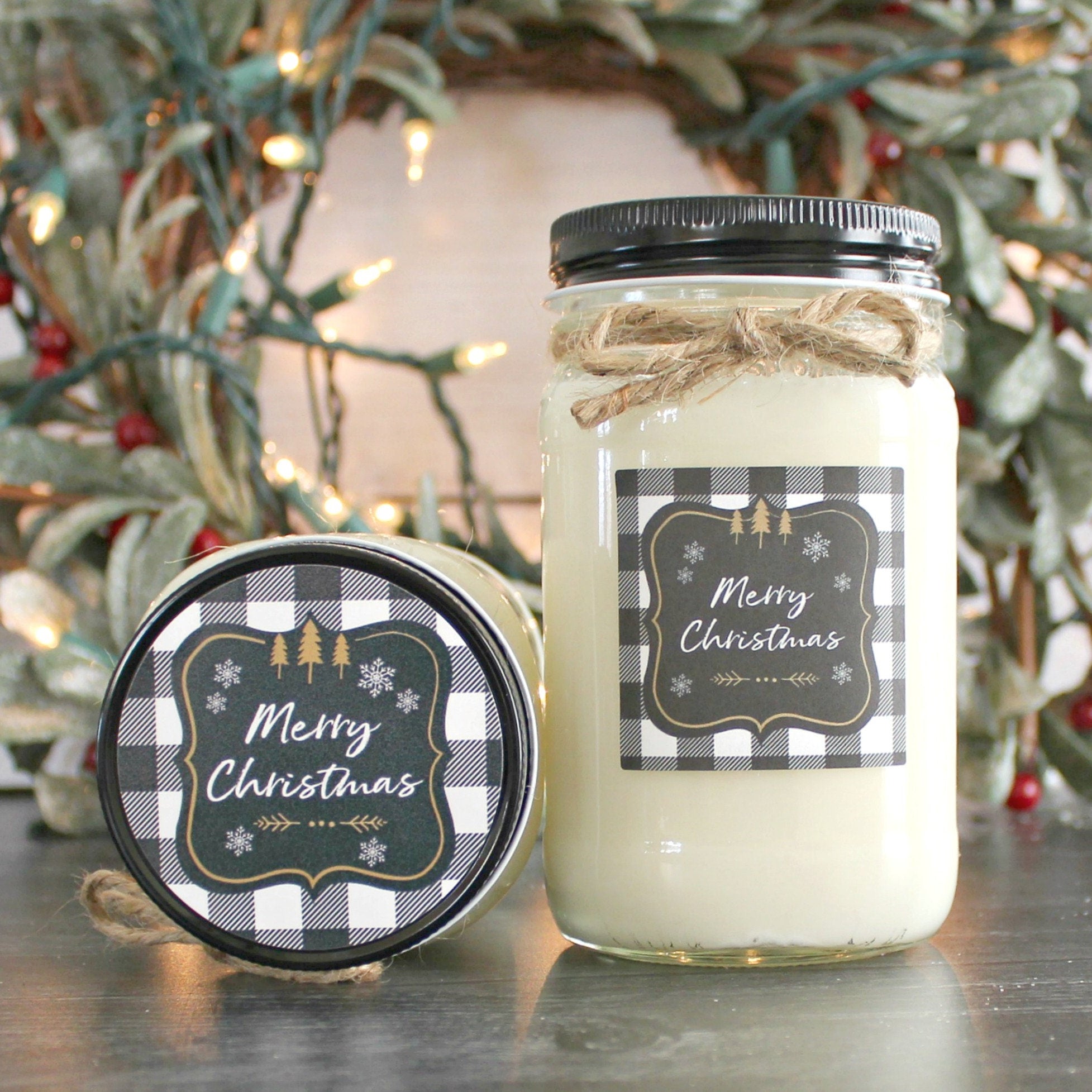 Buffalo Plaid Christmas Candle / Christmas Decor / Soy Candle / Holiday Gift / Personalized Christmas Gift / Gift for Her / Gift For Him