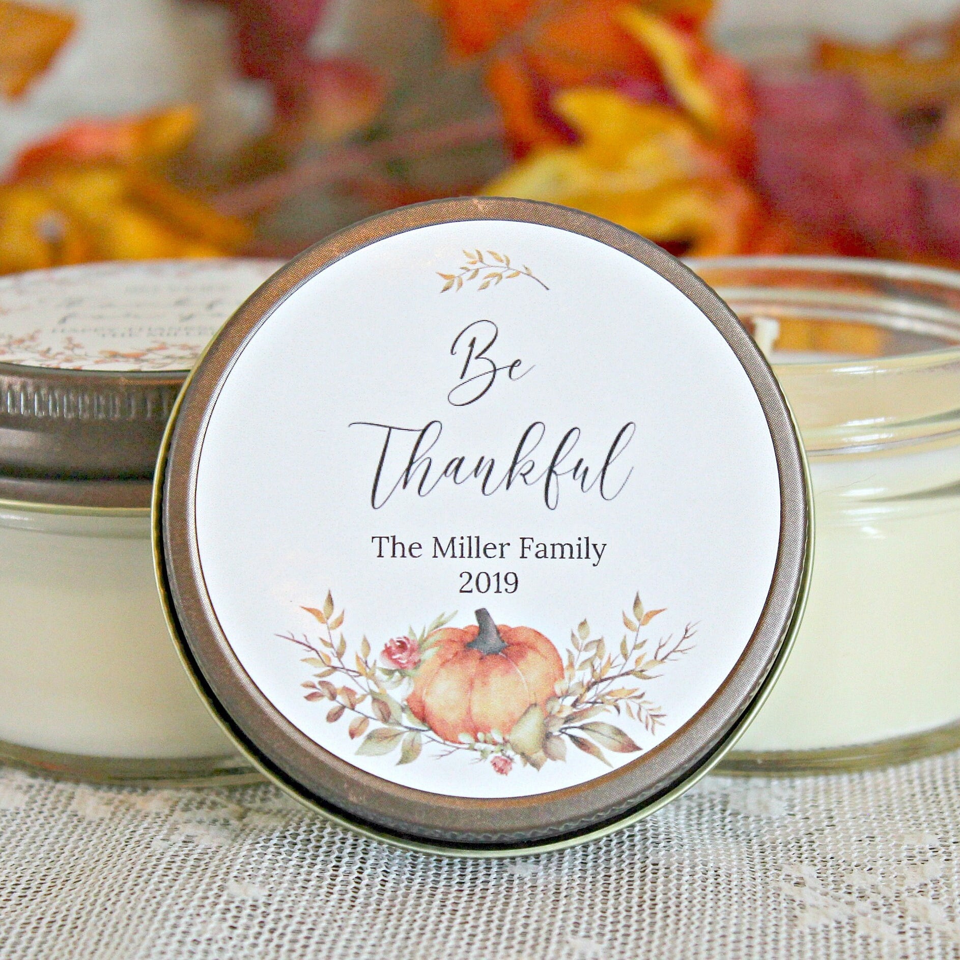 Thanksgiving Candle Favor / Be Thankful / Thanksgiving Table / Fall Candle/ Hostess Gift / Personalized 4 oz. Candle Favors / Pumpkin