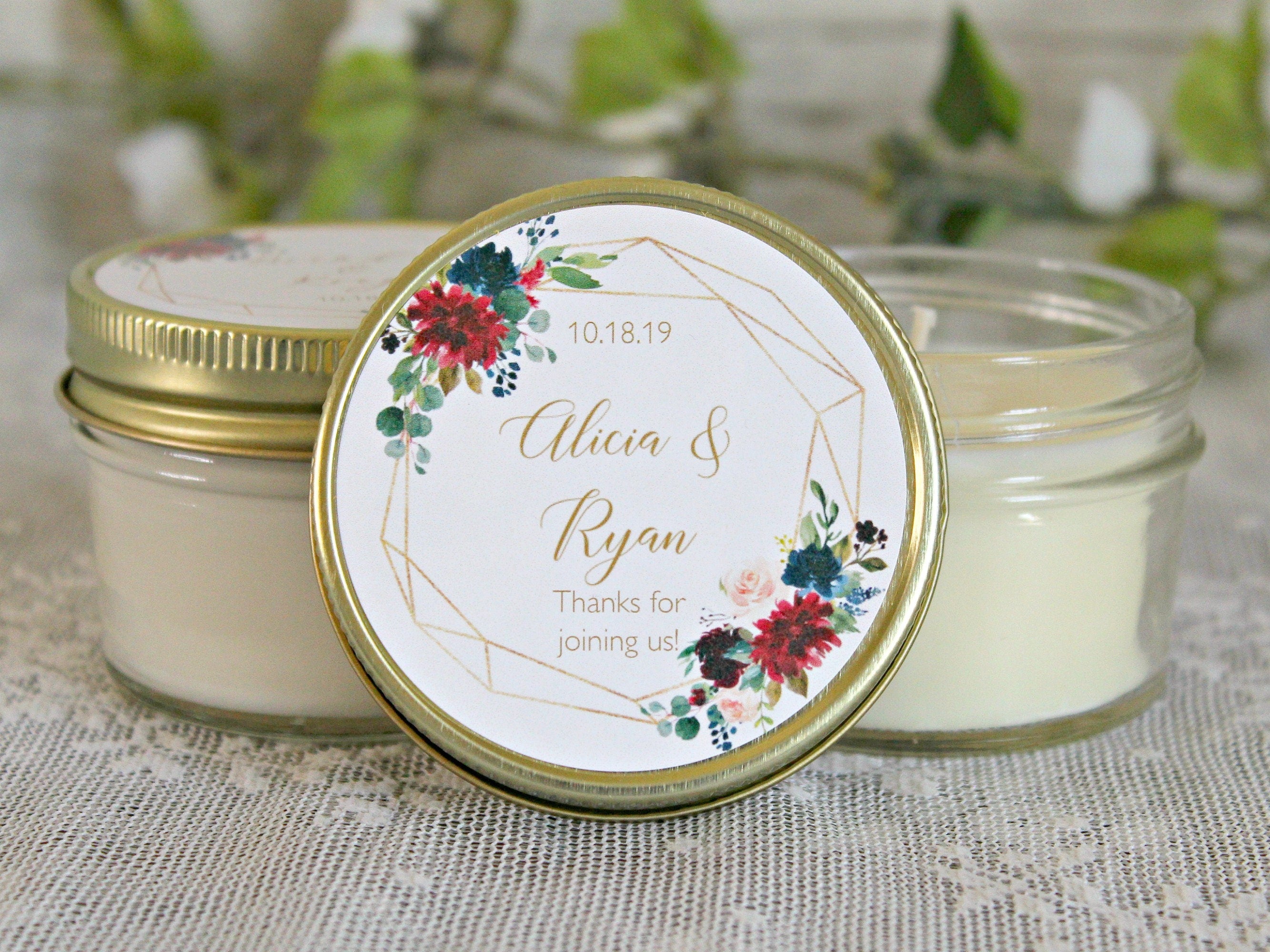 Navy, Burgundy & Gold Wedding Favor / Wedding Favor Candles / Personalized 4 oz. Candle Favors / Personalized Favors / Custom wedding favors