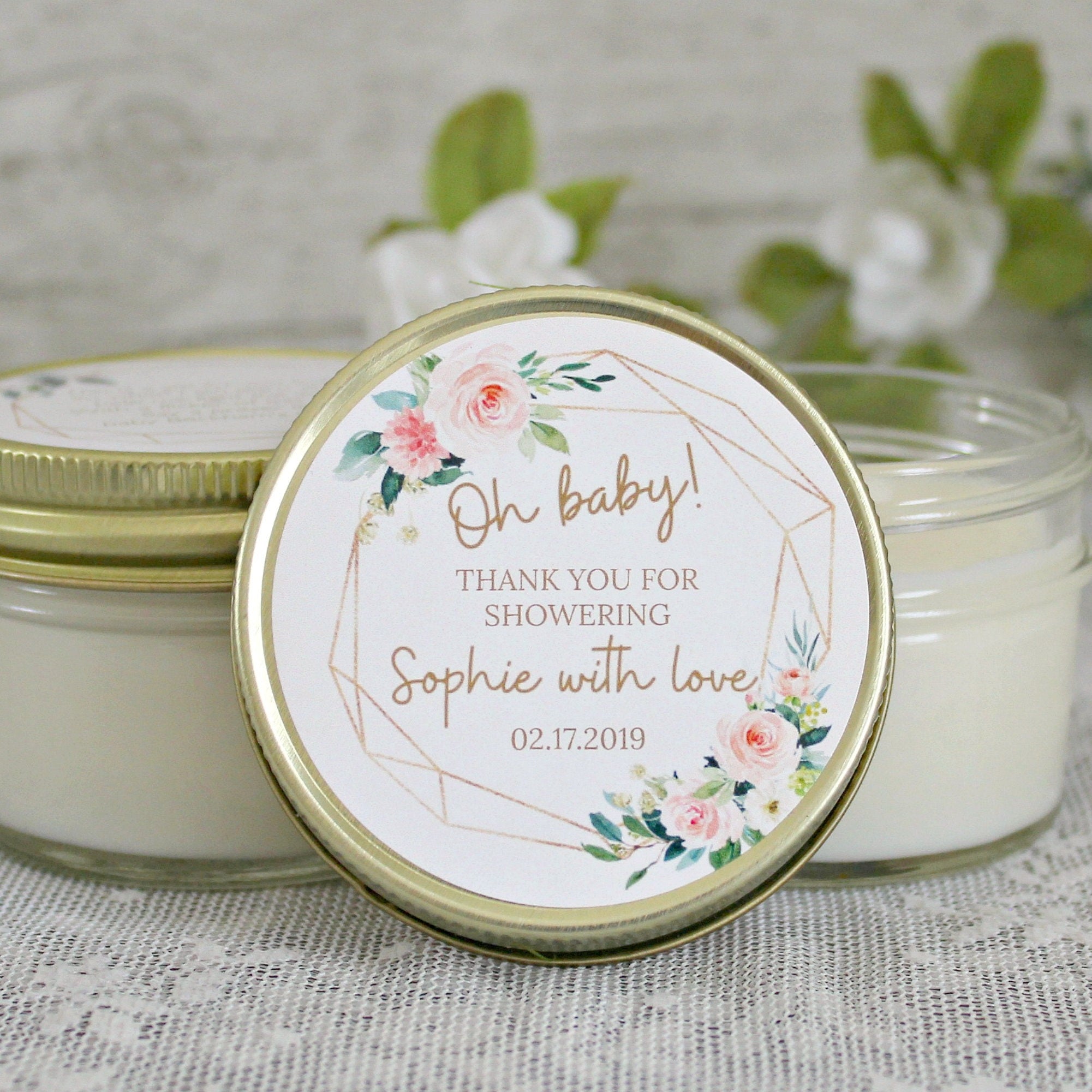 Oh Baby Shower Favors /Personalized 4 oz. Soy Candle or Sugar Scrub Favors / Baby Shower Girl / Baby Girl Shower Favors / Modern Baby Shower