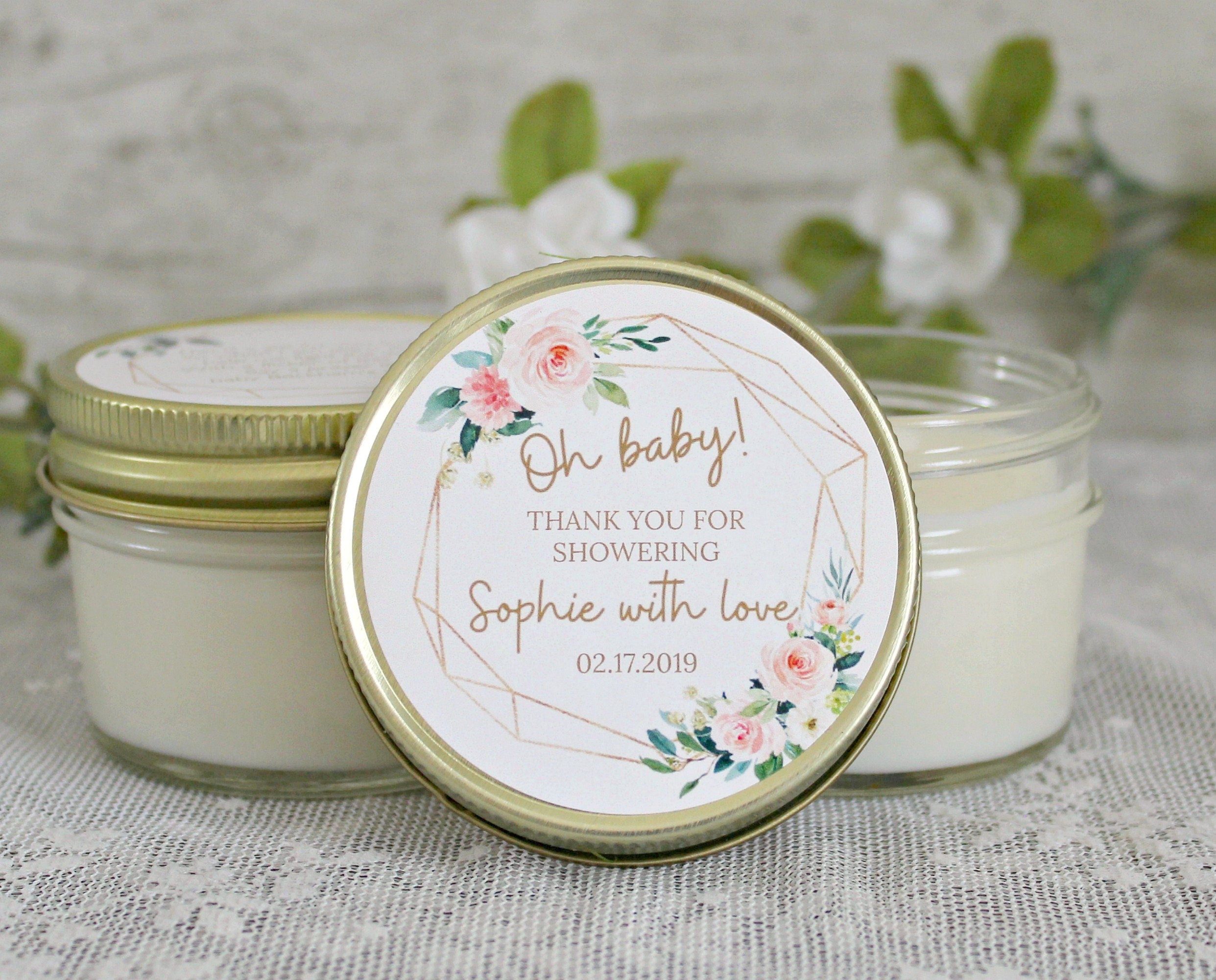 Oh Baby Shower Favors /Personalized 4 oz. Soy Candle or Sugar Scrub Favors / Baby Shower Girl / Baby Girl Shower Favors / Modern Baby Shower