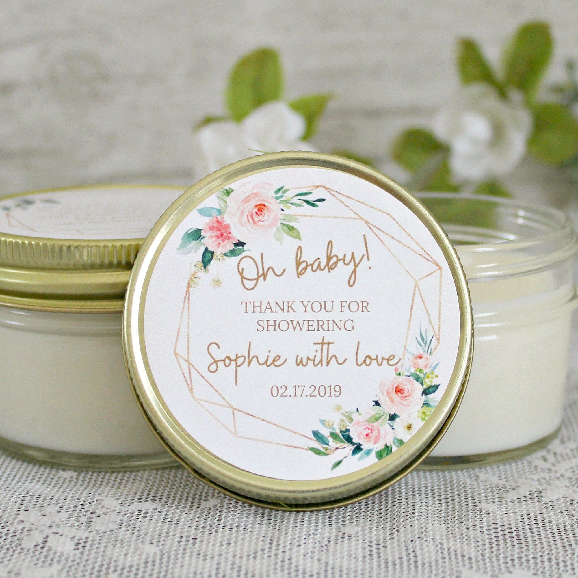Oh Baby Shower Favors /Personalized 4 oz. Soy Candle or Sugar Scrub Favors / Baby Shower Girl / Baby Girl Shower Favors / Modern Baby Shower