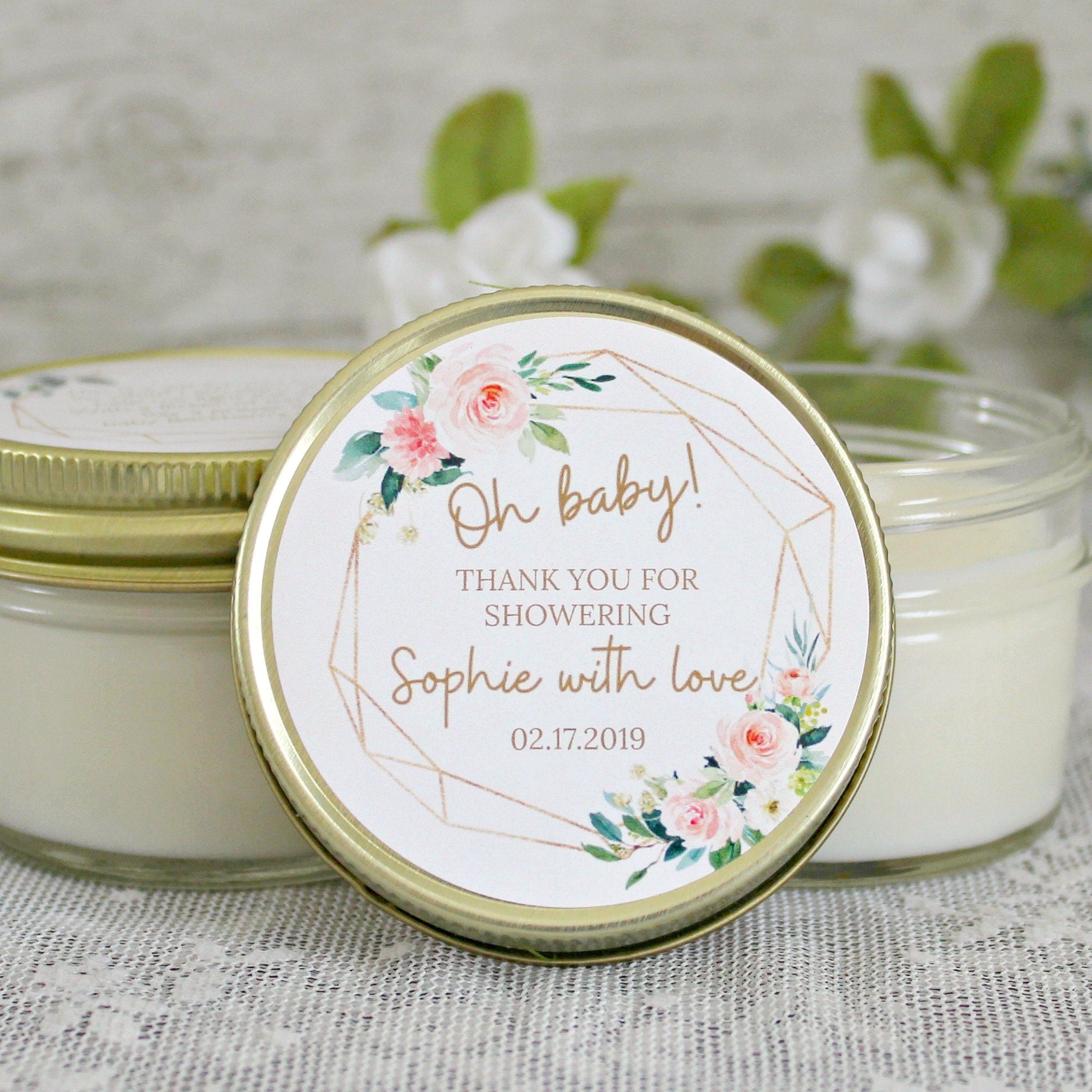 Oh Baby Shower Favors /Personalized 4 oz. Soy Candle or Sugar Scrub Favors / Baby Shower Girl / Baby Girl Shower Favors / Modern Baby Shower