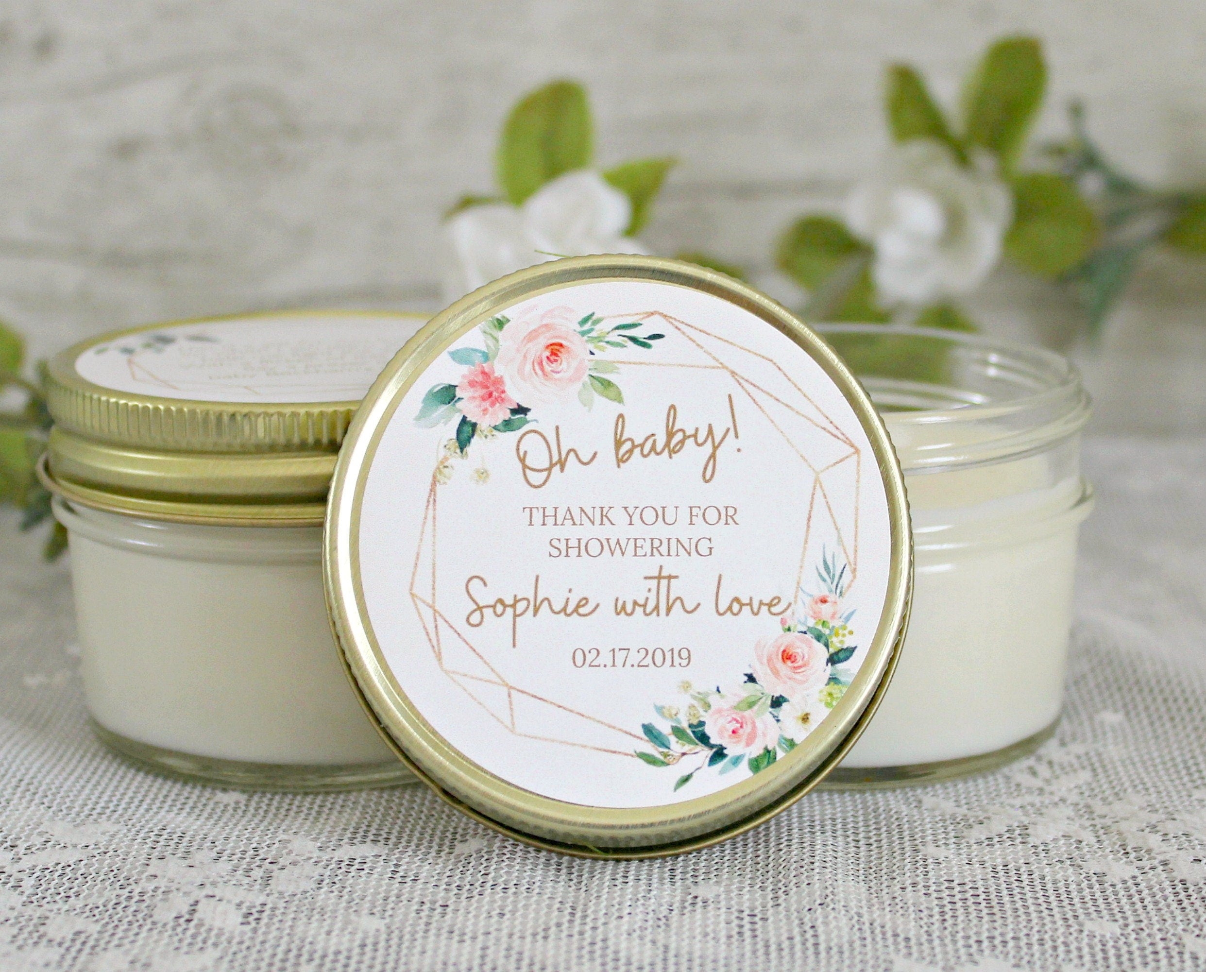 Oh Baby Shower Favors /Personalized 4 oz. Soy Candle or Sugar Scrub Favors / Baby Shower Girl / Baby Girl Shower Favors / Modern Baby Shower