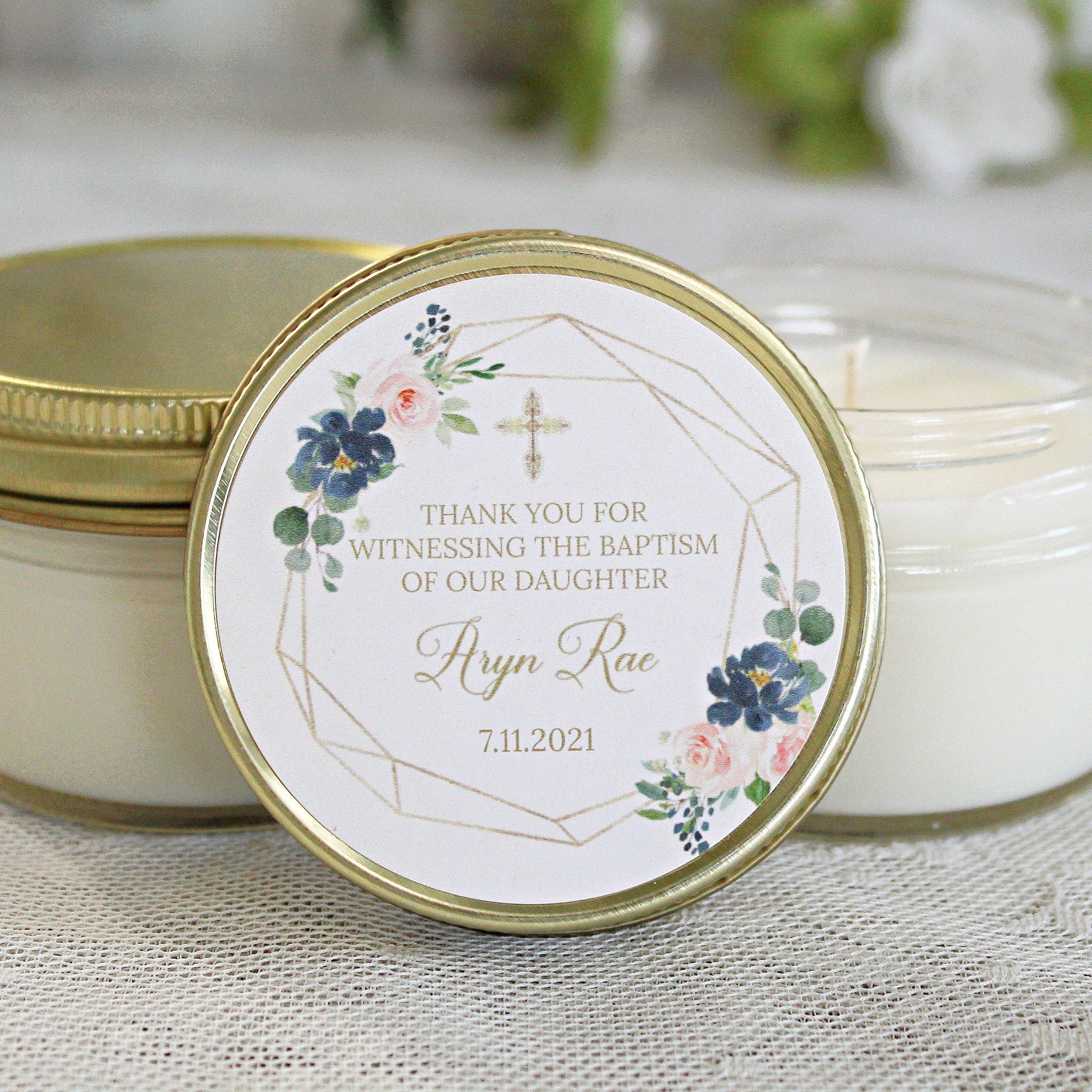 Navy, Blush & Gold Baptism Favors / 4 oz - Soy Candle Favors / Girl Baptism / Communion Favor / Baby Baptism Favor