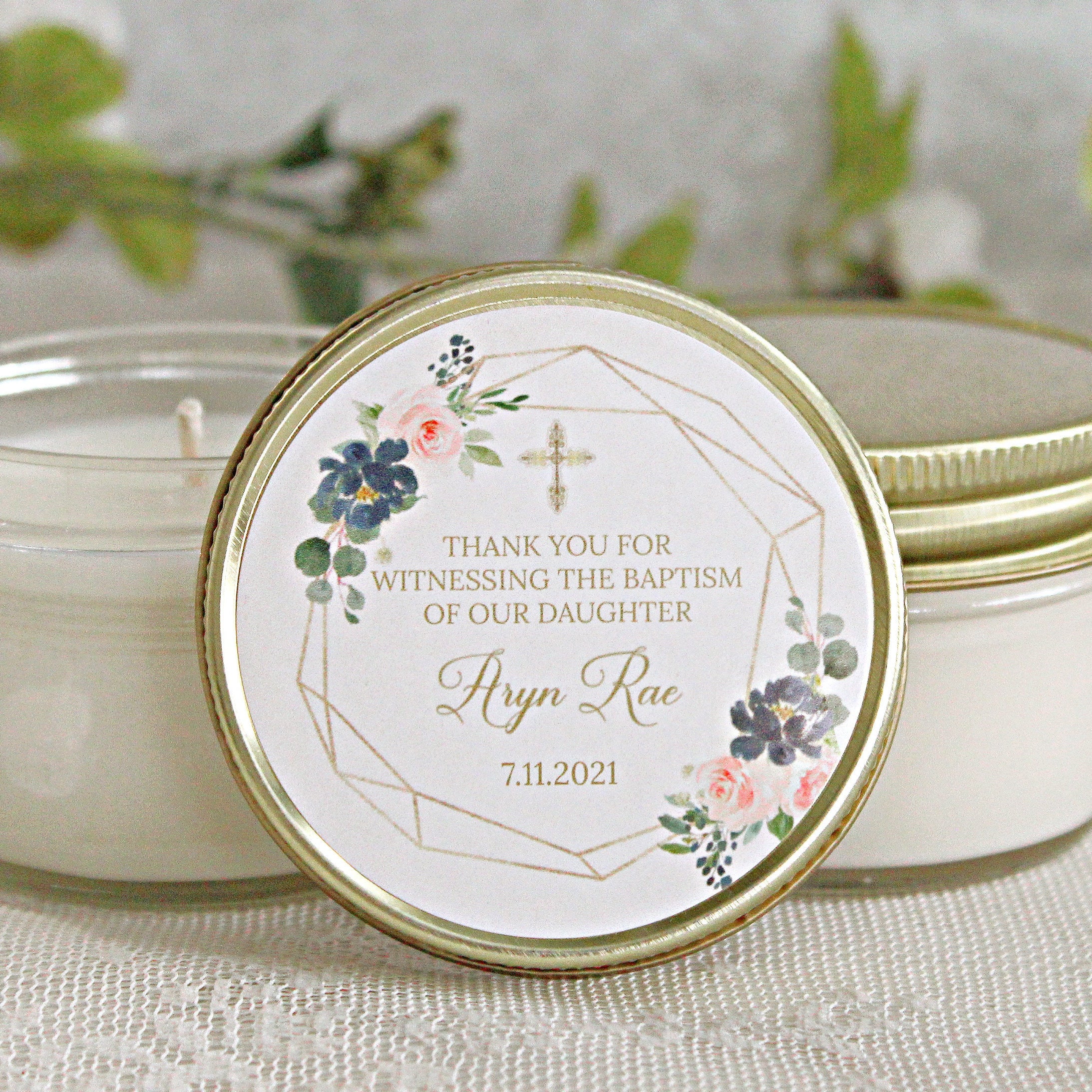 Navy, Blush & Gold Baptism Favors / 4 oz - Soy Candle Favors / Girl Baptism / Communion Favor / Baby Baptism Favor