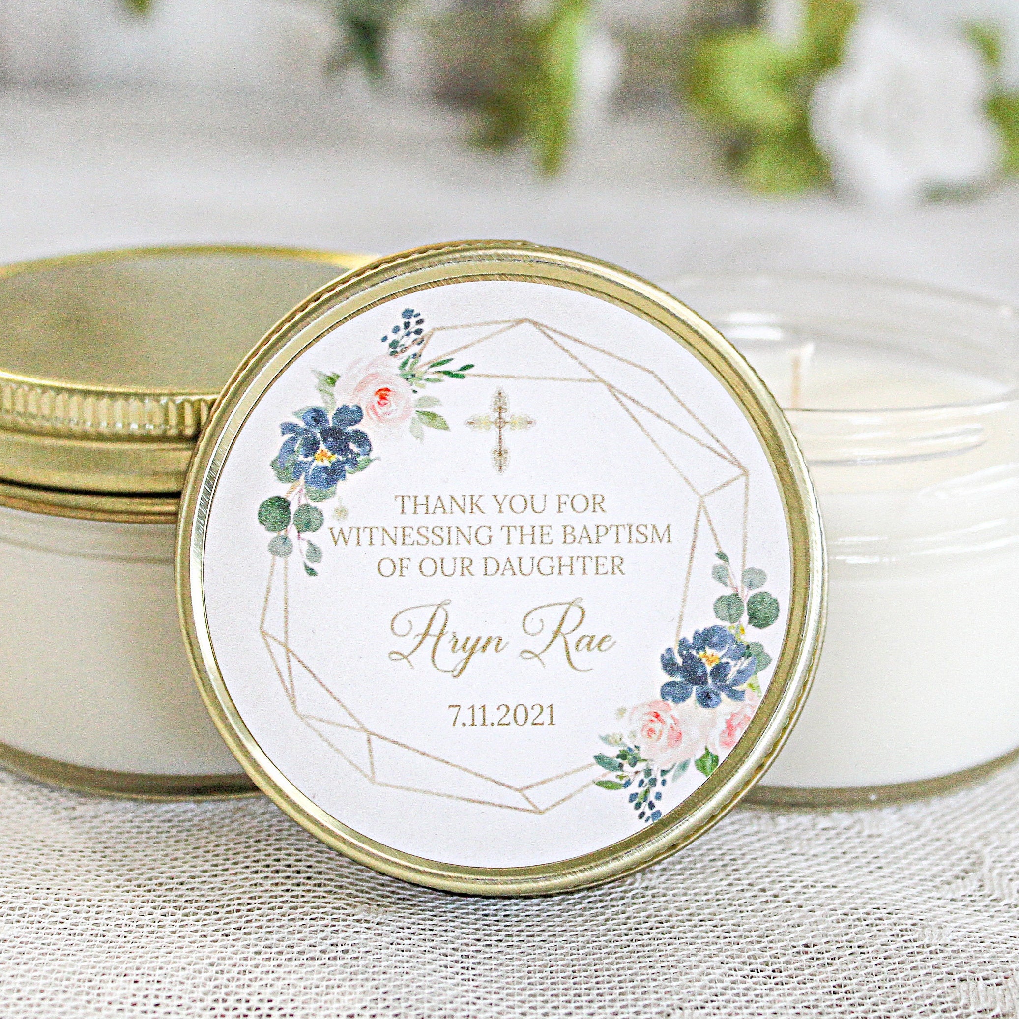 Navy, Blush & Gold Baptism Favors / 4 oz - Soy Candle Favors / Girl Baptism / Communion Favor / Baby Baptism Favor