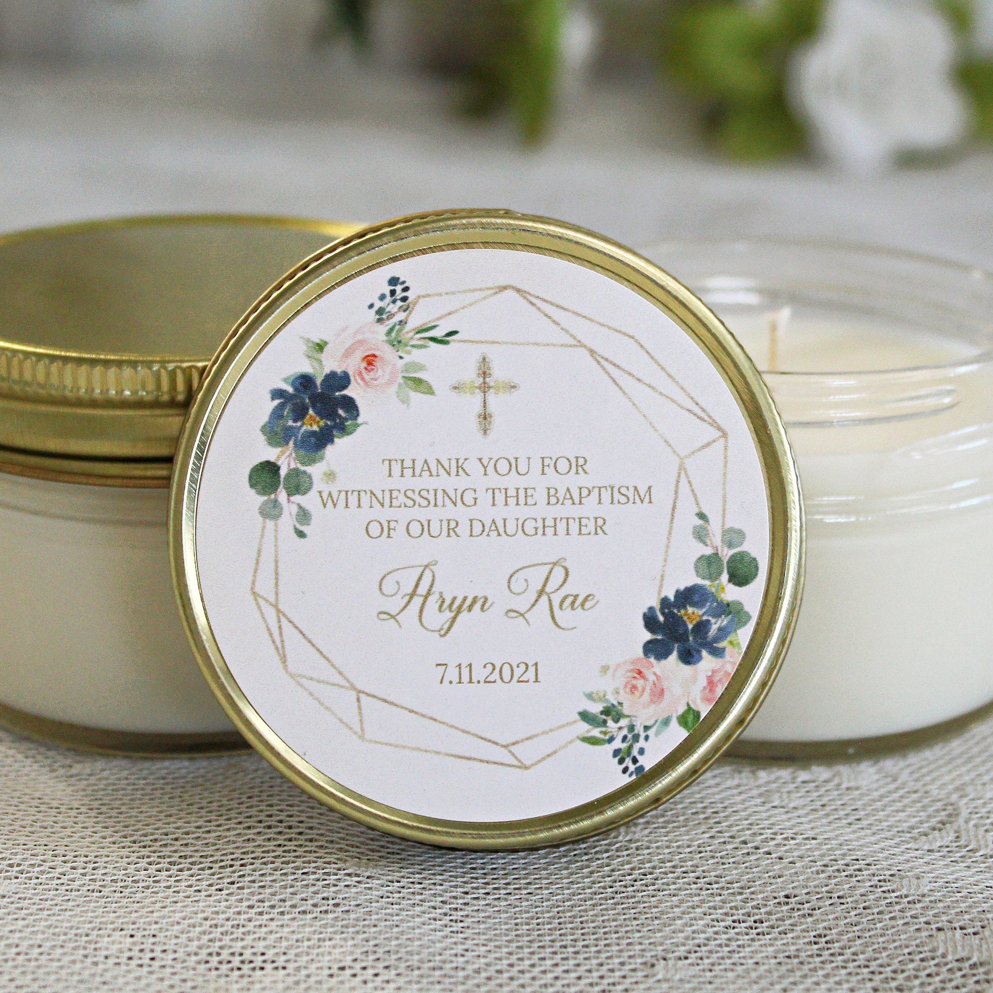 Navy, Blush & Gold Baptism Favors / 4 oz - Soy Candle Favors / Girl Baptism / Communion Favor / Baby Baptism Favor