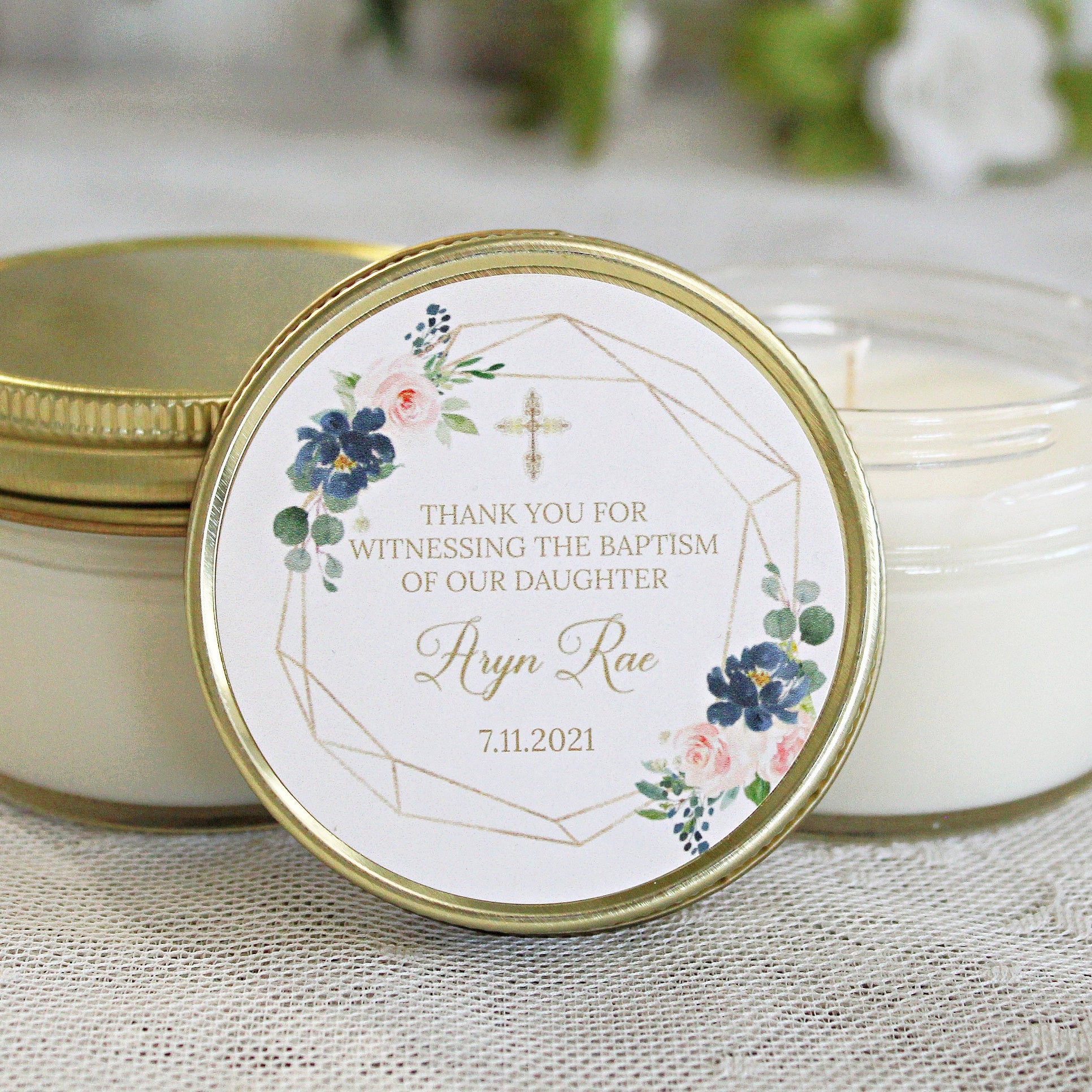Navy, Blush & Gold Baptism Favors / 4 oz - Soy Candle Favors / Girl Baptism / Communion Favor / Baby Baptism Favor