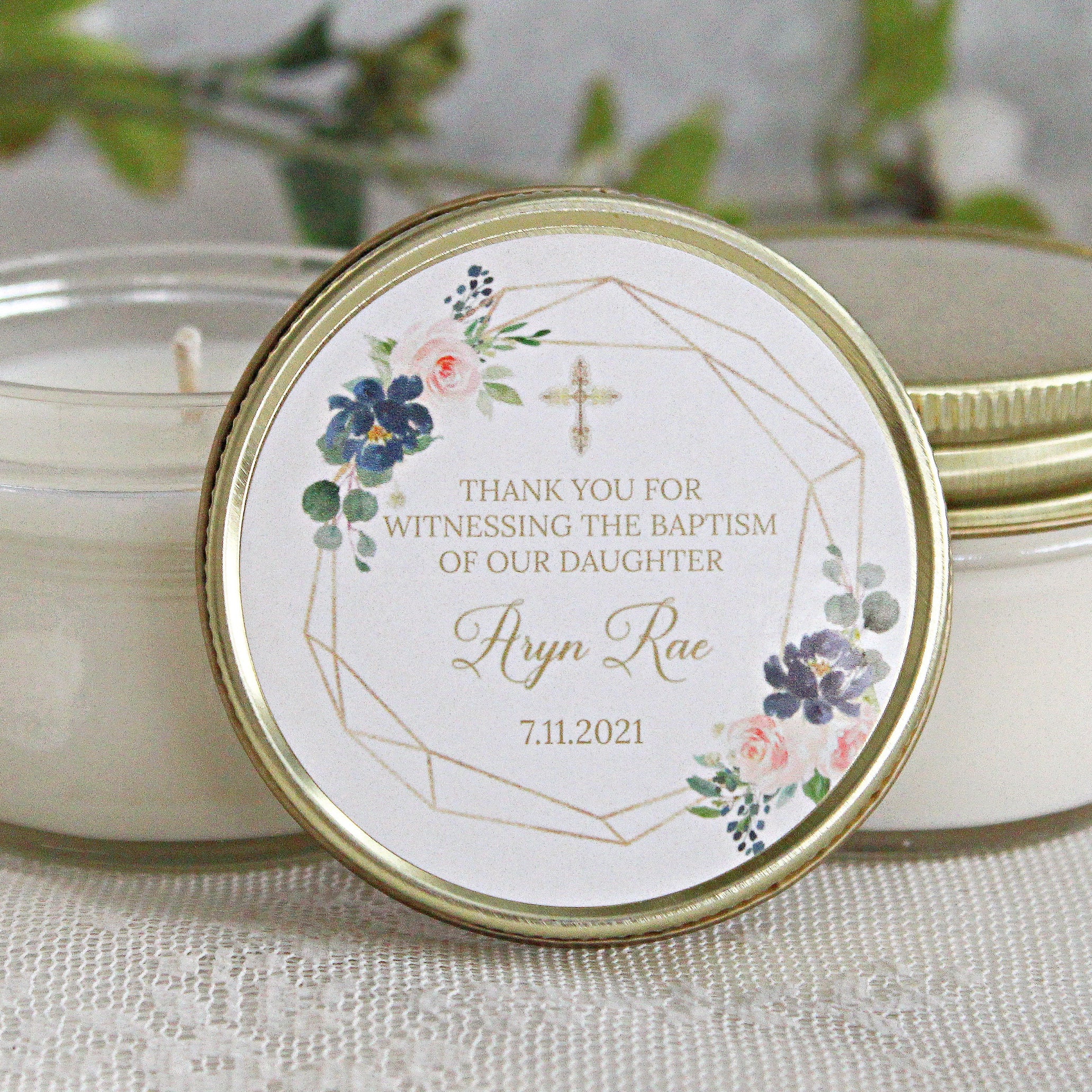 Navy, Blush & Gold Baptism Favors / 4 oz - Soy Candle Favors / Girl Baptism / Communion Favor / Baby Baptism Favor