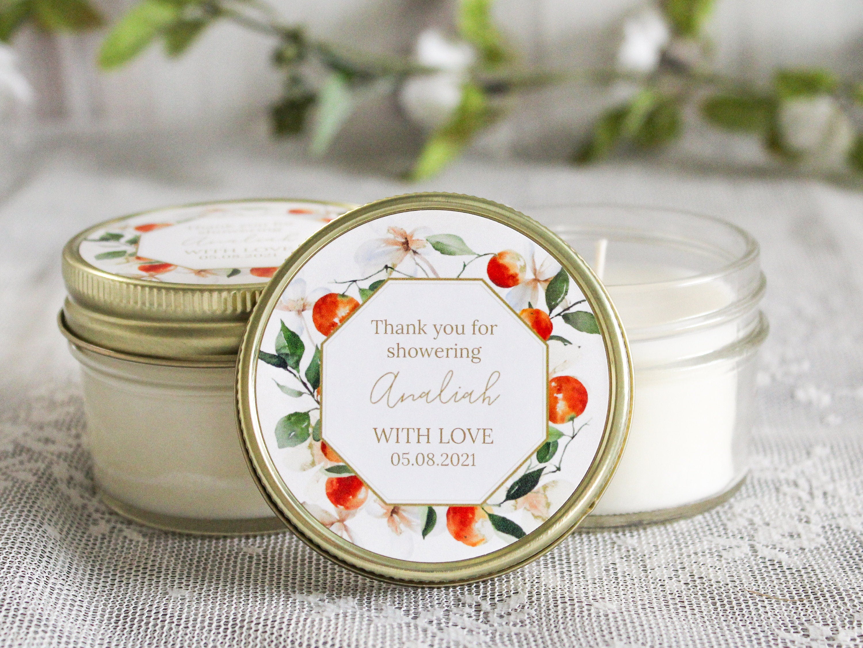 Citrus Bridal Shower Favor / Personalized 4 oz. Soy Candle Favors / Personalized Favors / Orange Floral Favor Candles / Citrus Party Favor
