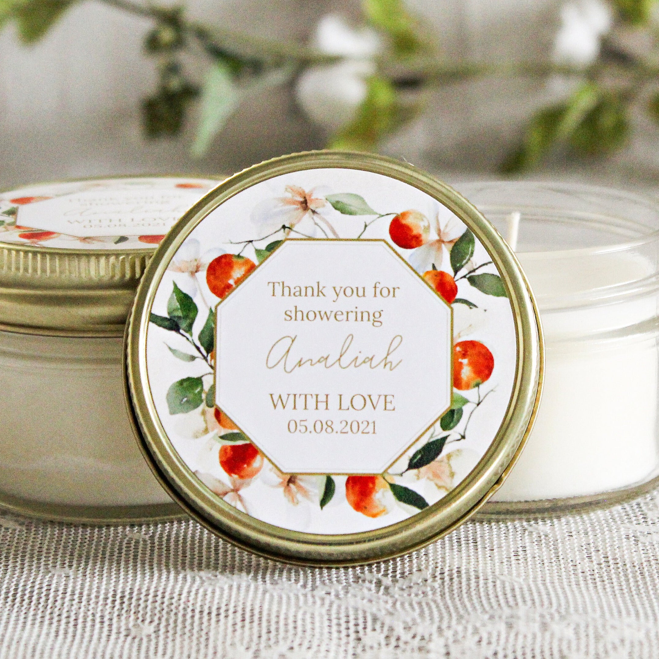 Little Cutie Baby Shower Favor / Personalized 4 oz. Soy Candle Favors / Orange Floral Favor Candles / Citrus Party Favor