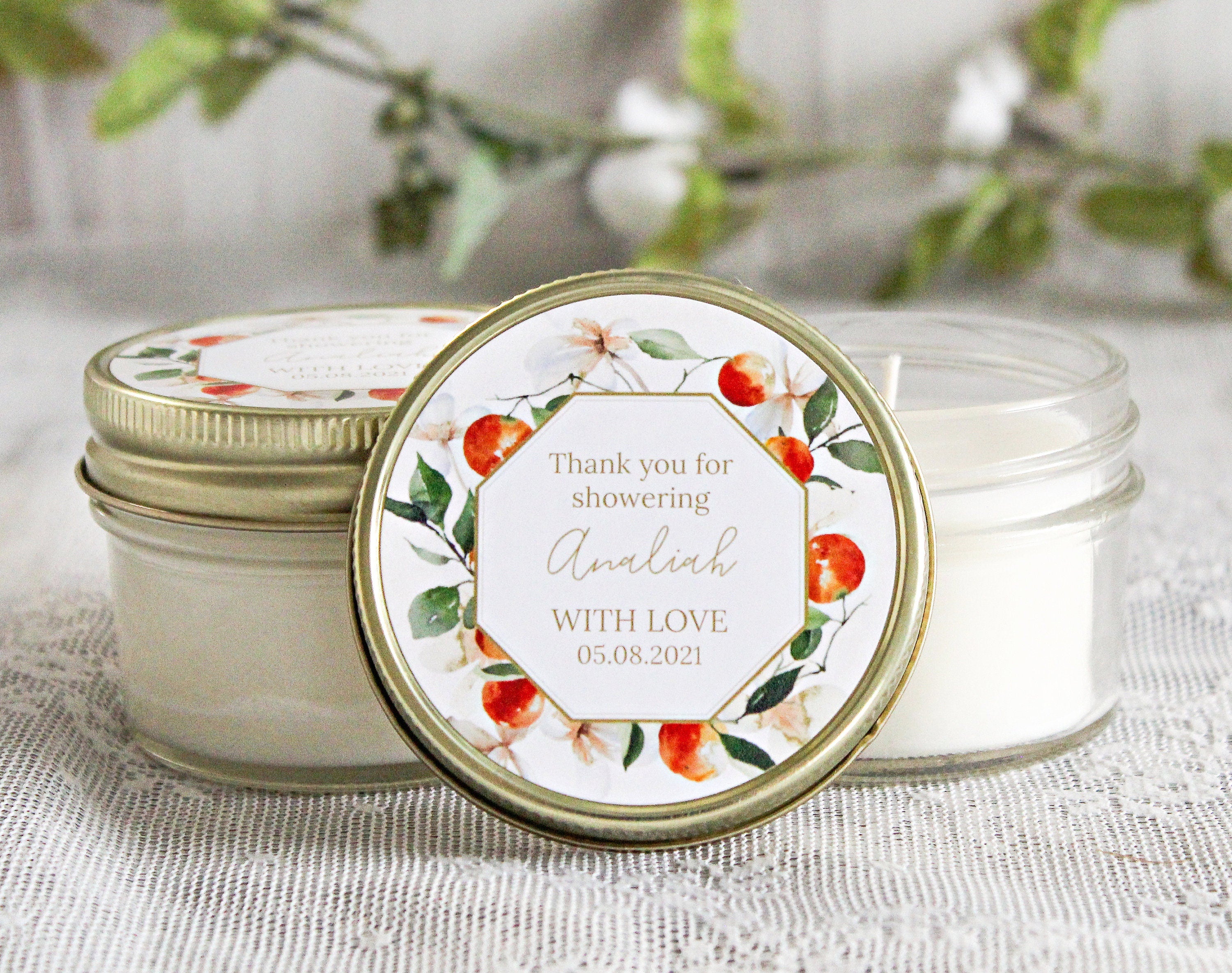Citrus Bridal Shower Favor / Personalized 4 oz. Soy Candle Favors / Personalized Favors / Orange Floral Favor Candles / Citrus Party Favor