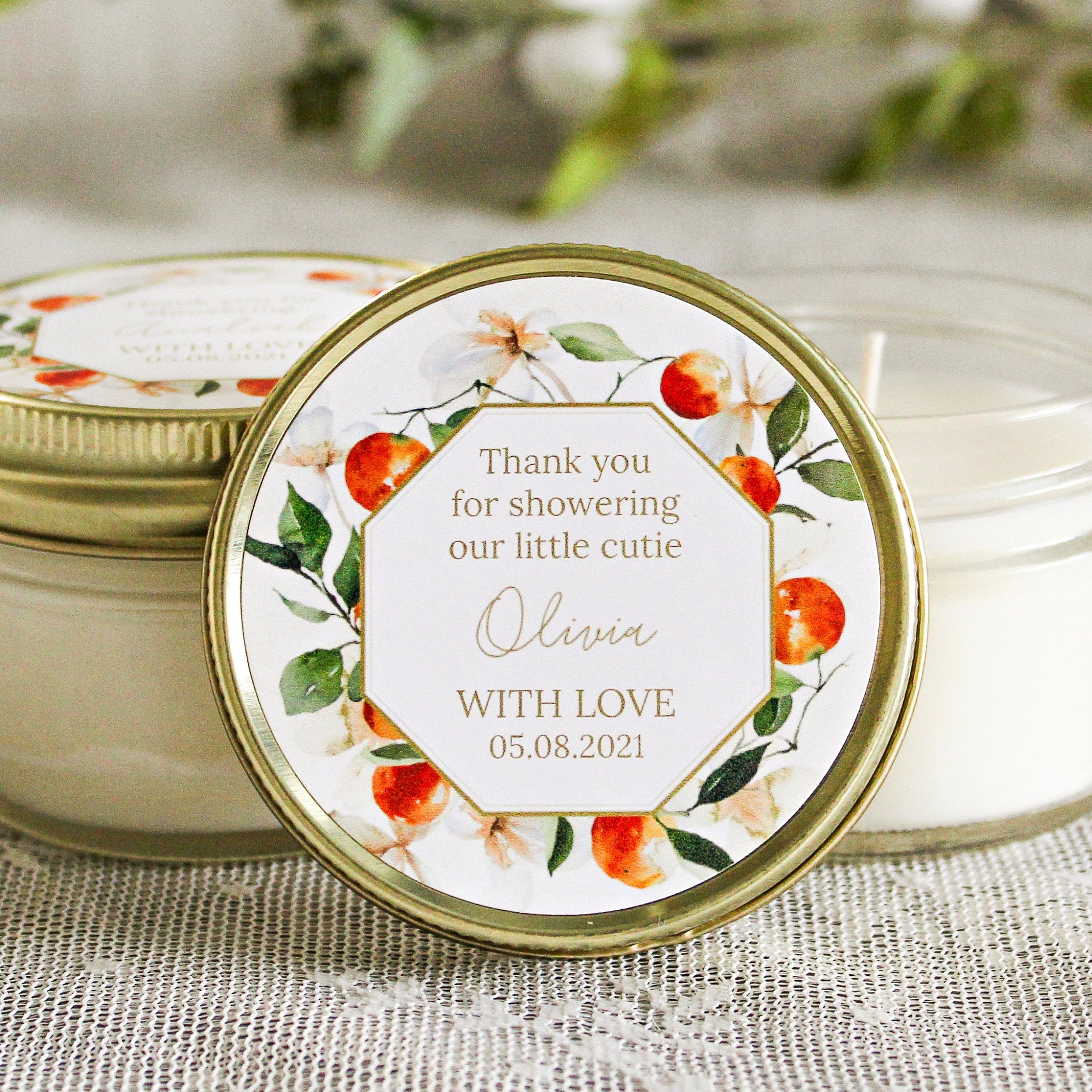 Little Cutie Baby Shower Favor / Personalized 4 oz. Soy Candle Favors / Orange Floral Favor Candles / Citrus Party Favor