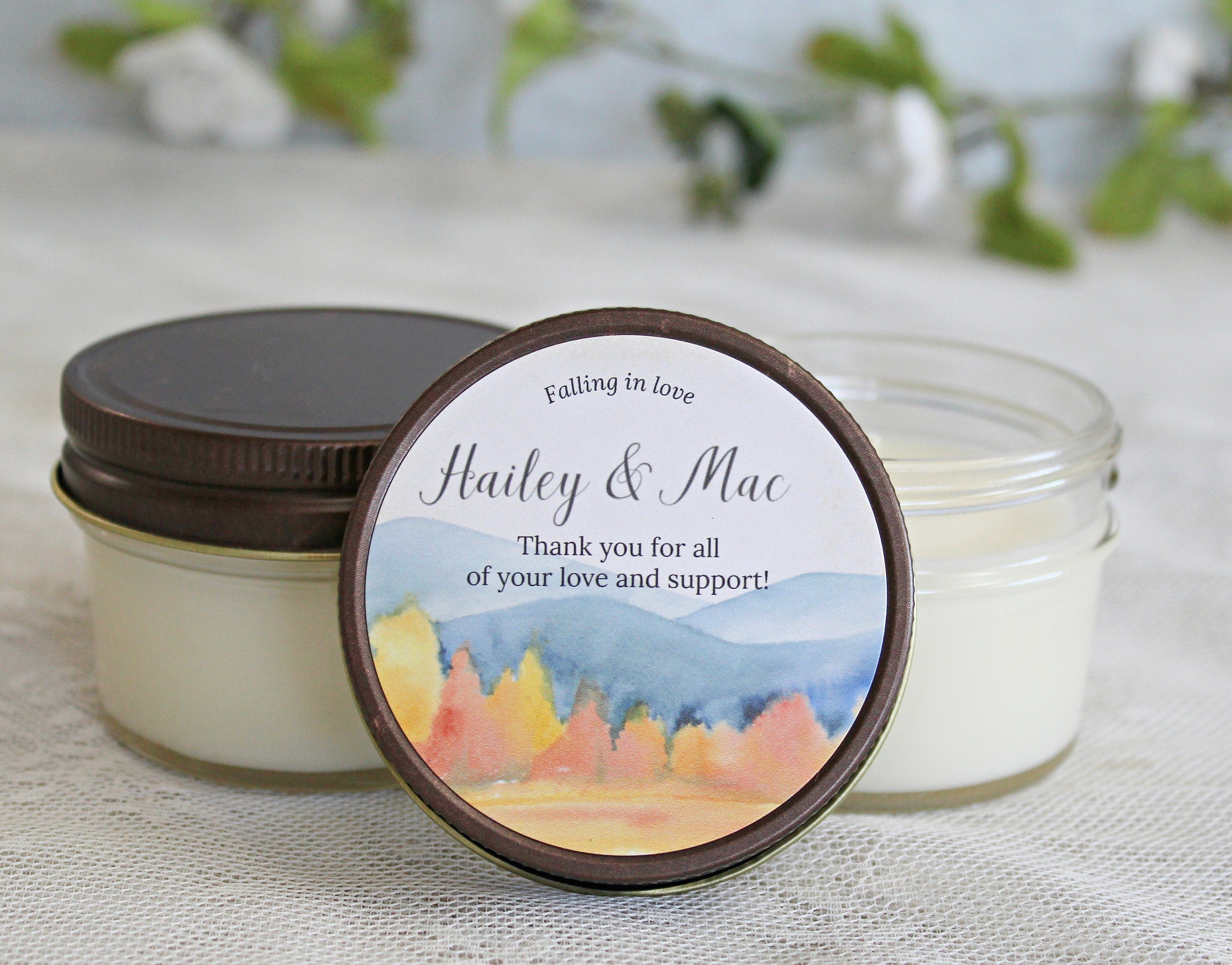 Fall Bridal Shower Favor / Falling in Love / Personalized 4 oz candle favors / Bulk Candle Favor / Forest Wedding / Outdoor Wedding