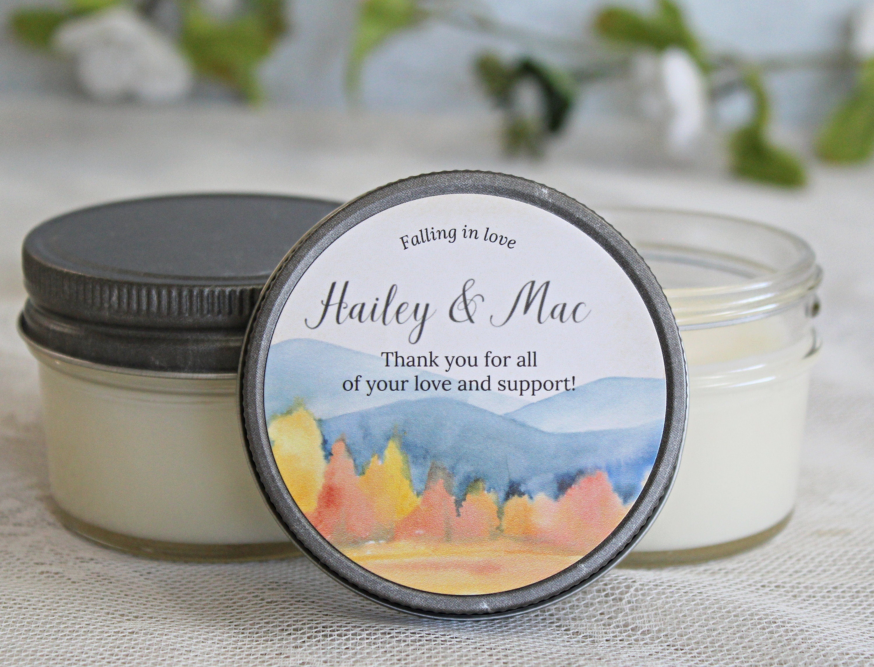 Fall Bridal Shower Favor / Falling in Love / Personalized 4 oz candle favors / Bulk Candle Favor / Forest Wedding / Outdoor Wedding