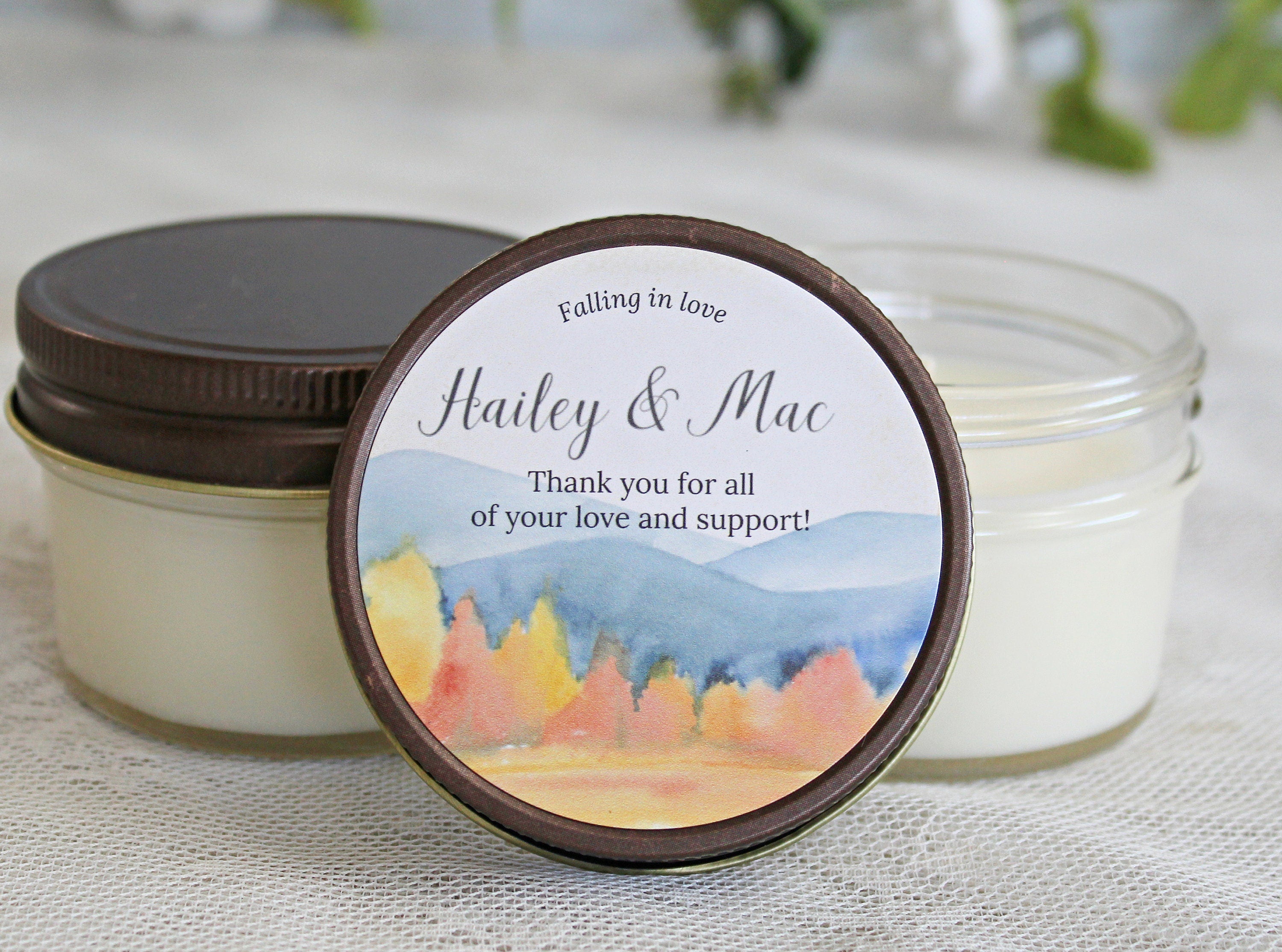 Fall Bridal Shower Favor / Falling in Love / Personalized 4 oz candle favors / Bulk Candle Favor / Forest Wedding / Outdoor Wedding