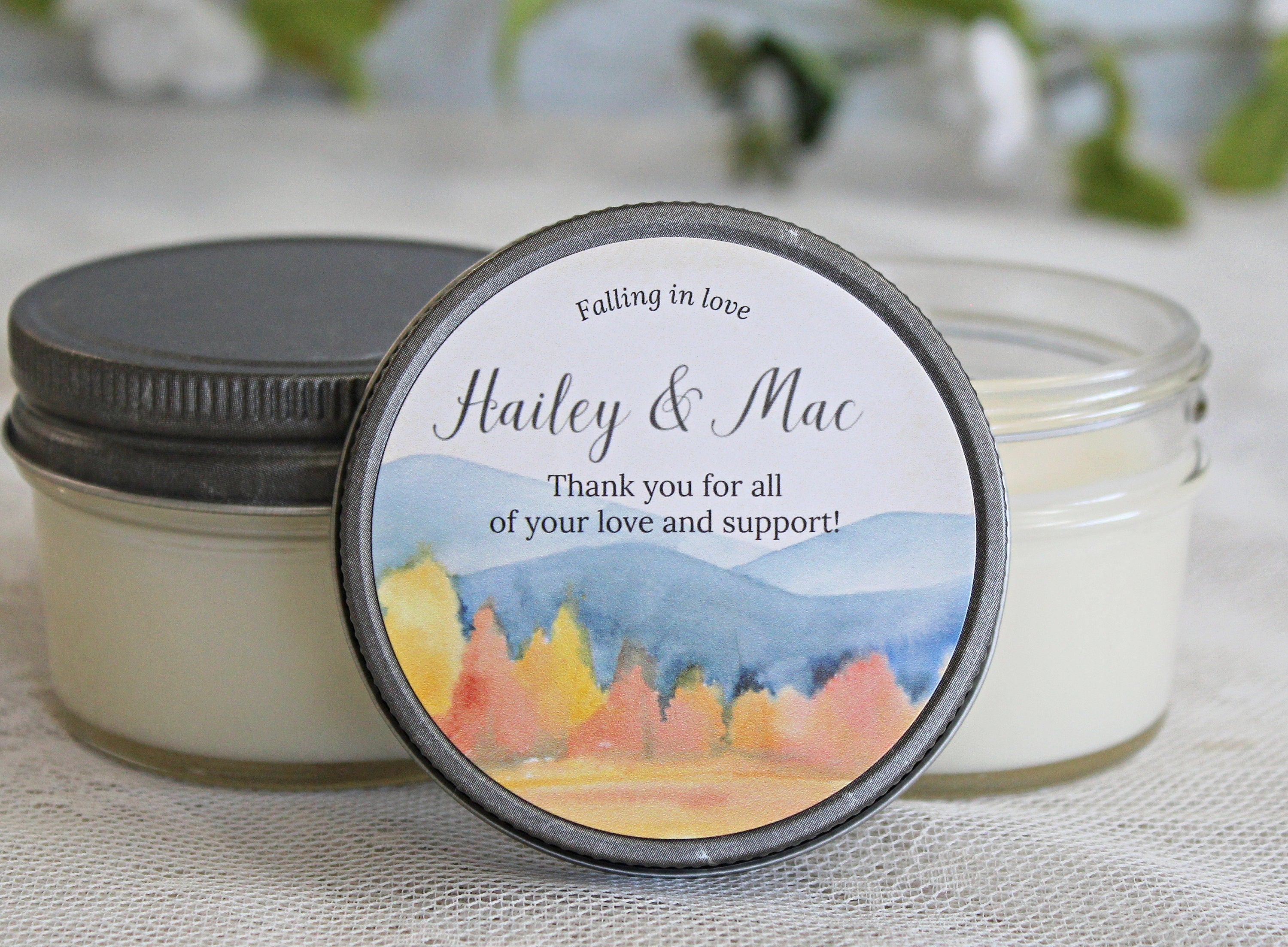 Fall Bridal Shower Favor / Falling in Love / Personalized 4 oz candle favors / Bulk Candle Favor / Forest Wedding / Outdoor Wedding