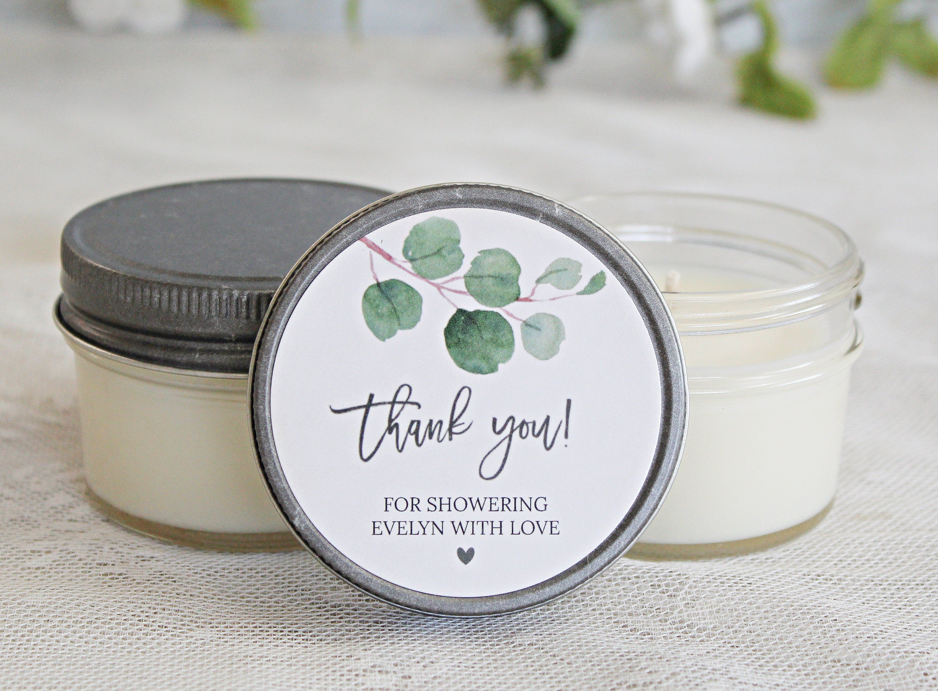 Eucalyptus Bridal Shower Favor Candles / Personalized 4 oz. Soy Candle Favors / Personalized Favors / Greenery Bridal Shower Favors