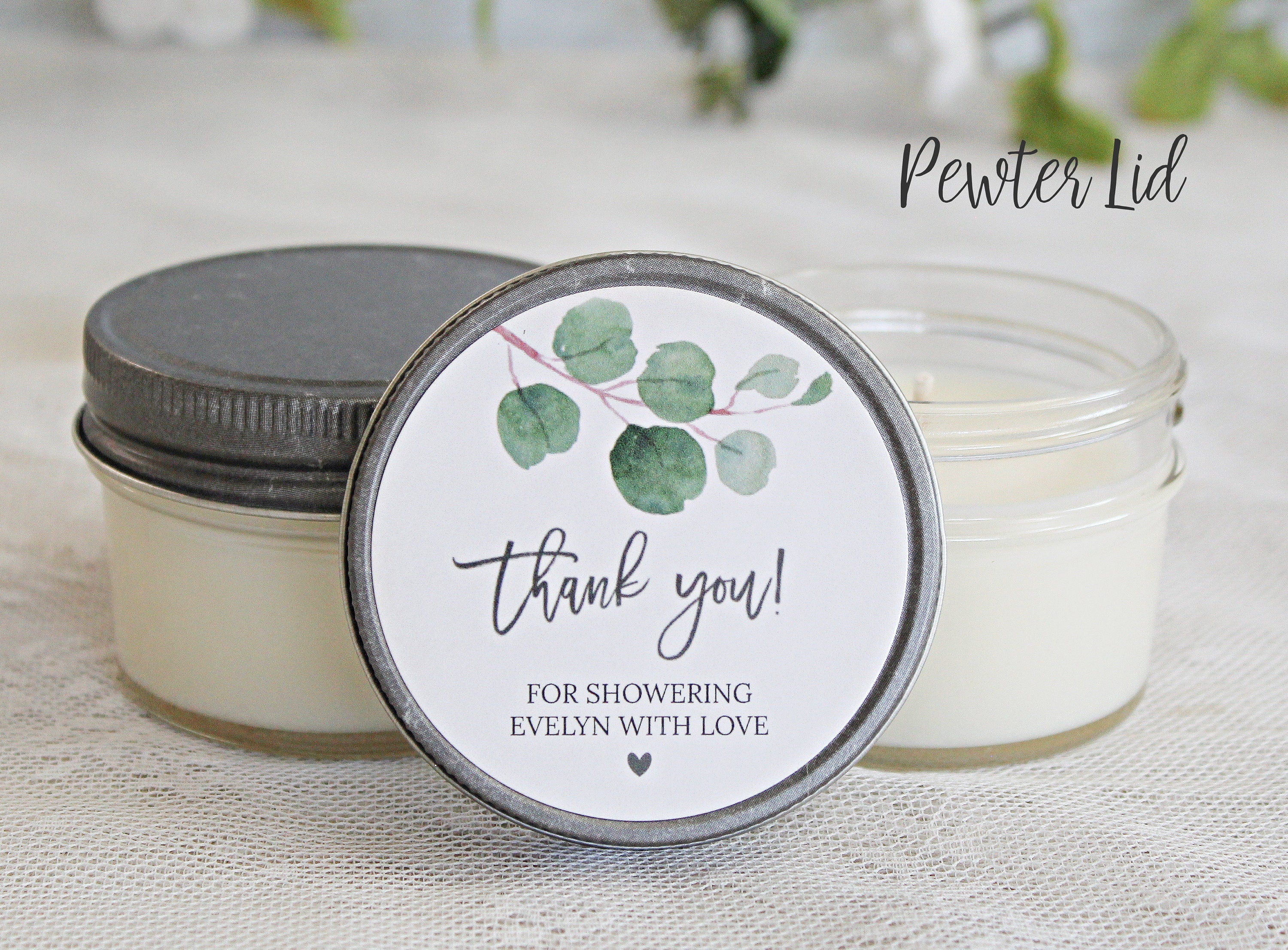 Eucalyptus Bridal Shower Favor Candles / Personalized 4 oz. Soy Candle Favors / Personalized Favors / Greenery Bridal Shower Favors