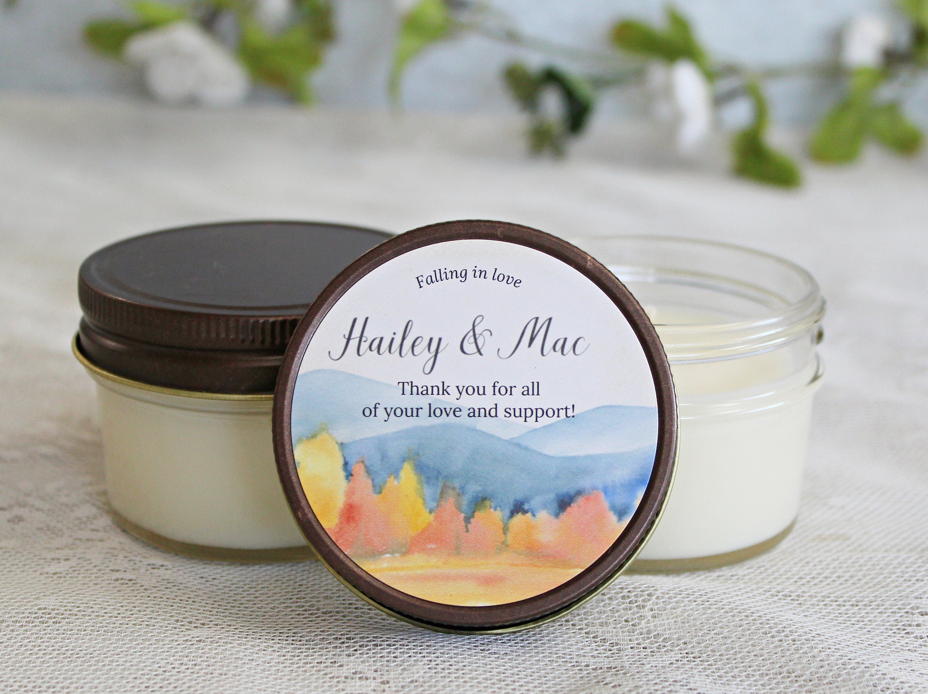 Fall Bridal Shower Favor / Falling in Love / Personalized 4 oz candle favors / Bulk Candle Favor / Forest Wedding / Outdoor Wedding
