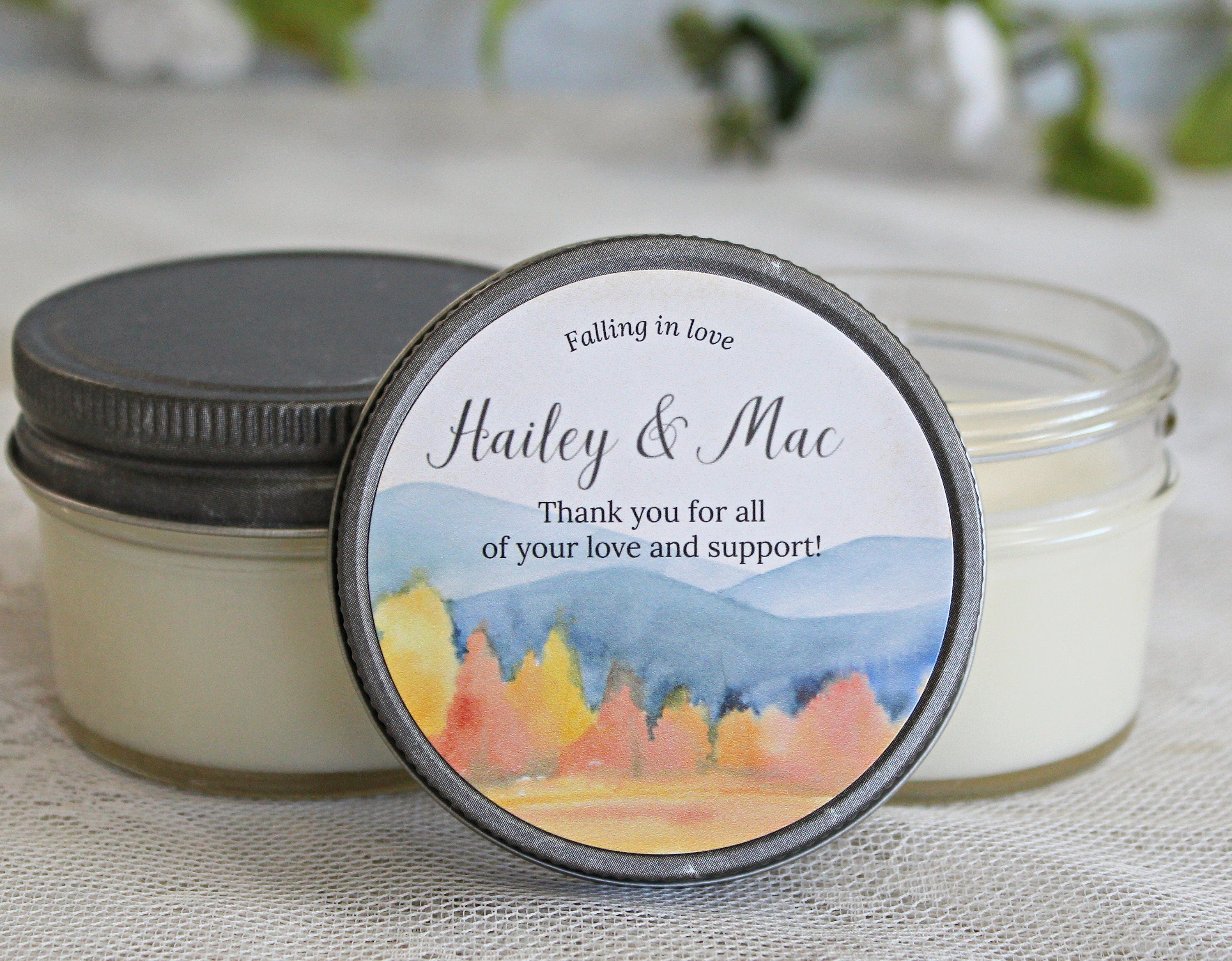 Fall Bridal Shower Favor / Falling in Love / Personalized 4 oz candle favors / Bulk Candle Favor / Forest Wedding / Outdoor Wedding