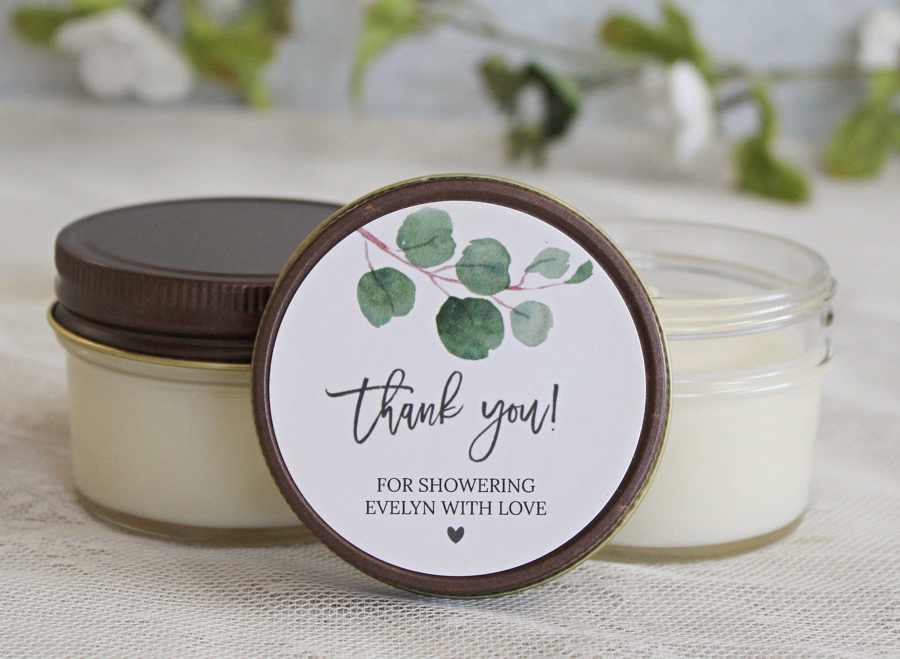 Eucalyptus Bridal Shower Favor Candles / Personalized 4 oz. Soy Candle Favors / Personalized Favors / Greenery Bridal Shower Favors