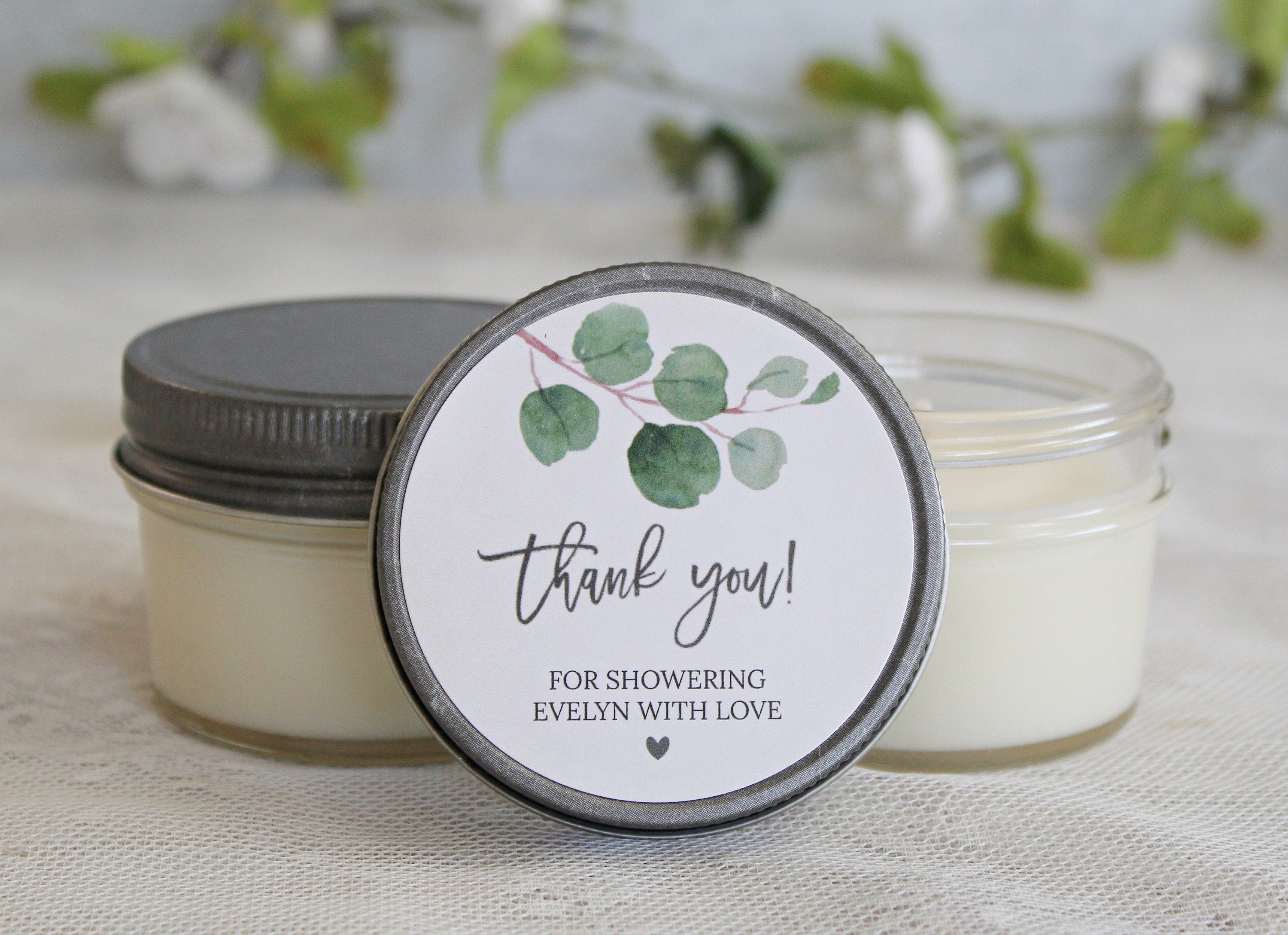 Eucalyptus Bridal Shower Favor Candles / Personalized 4 oz. Soy Candle Favors / Personalized Favors / Greenery Bridal Shower Favors