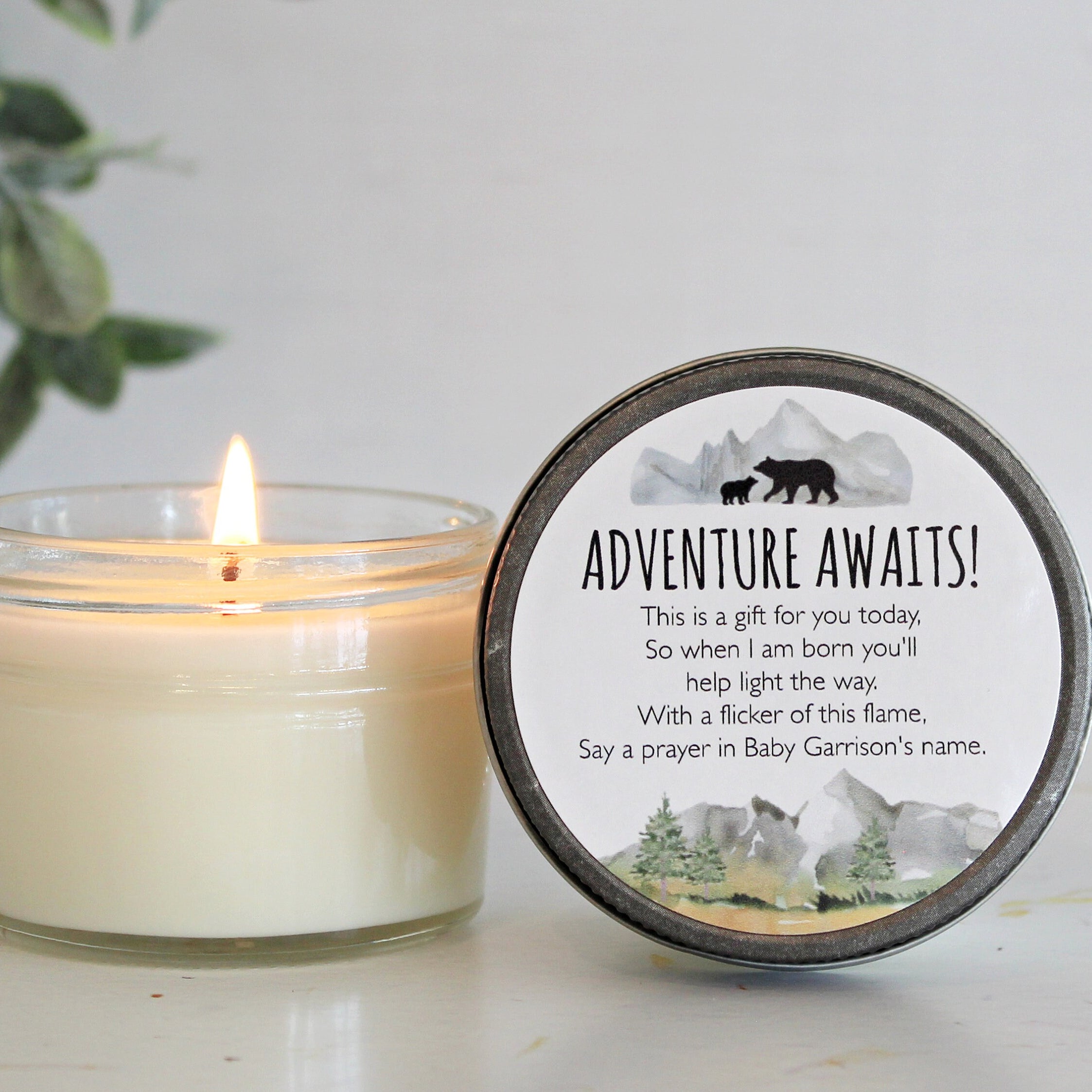 Adventure Baby Shower Favors / Adventure Awaits / Bulk 4 oz Candle Favors / Mountain Baby Shower / Boy Baby Shower / Forest Woodland