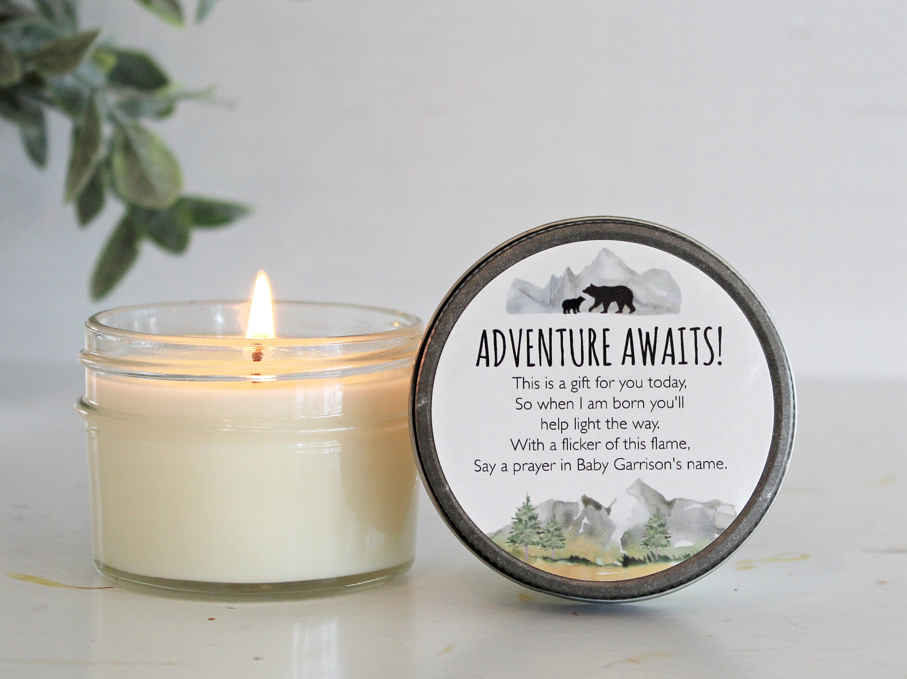 Adventure Baby Shower Favors / Adventure Awaits / Bulk 4 oz Candle Favors / Mountain Baby Shower / Boy Baby Shower / Forest Woodland